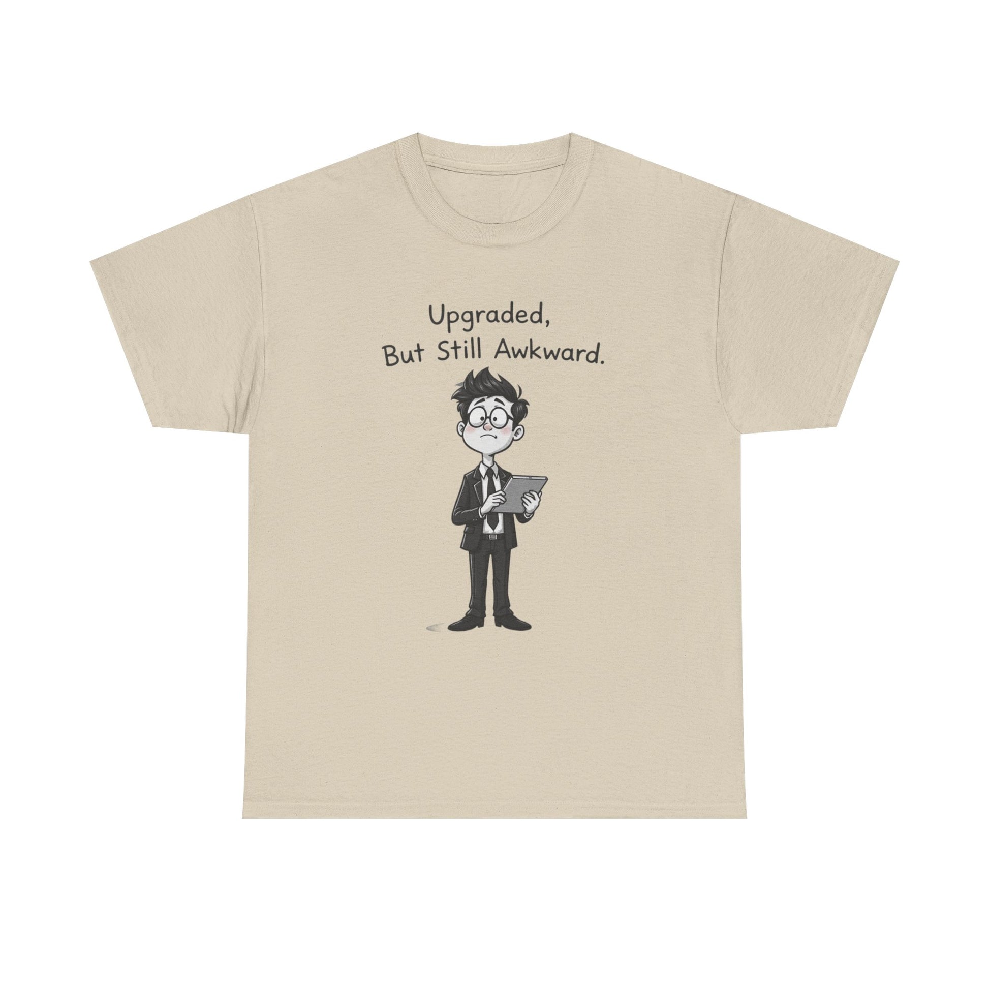 Funny AI themed Beige t-shirt with a cartoon character and text 'Upgraded, But Still Awkward' 