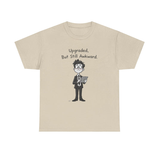 Funny AI themed Beige t-shirt with a cartoon character and text 'Upgraded, But Still Awkward' 