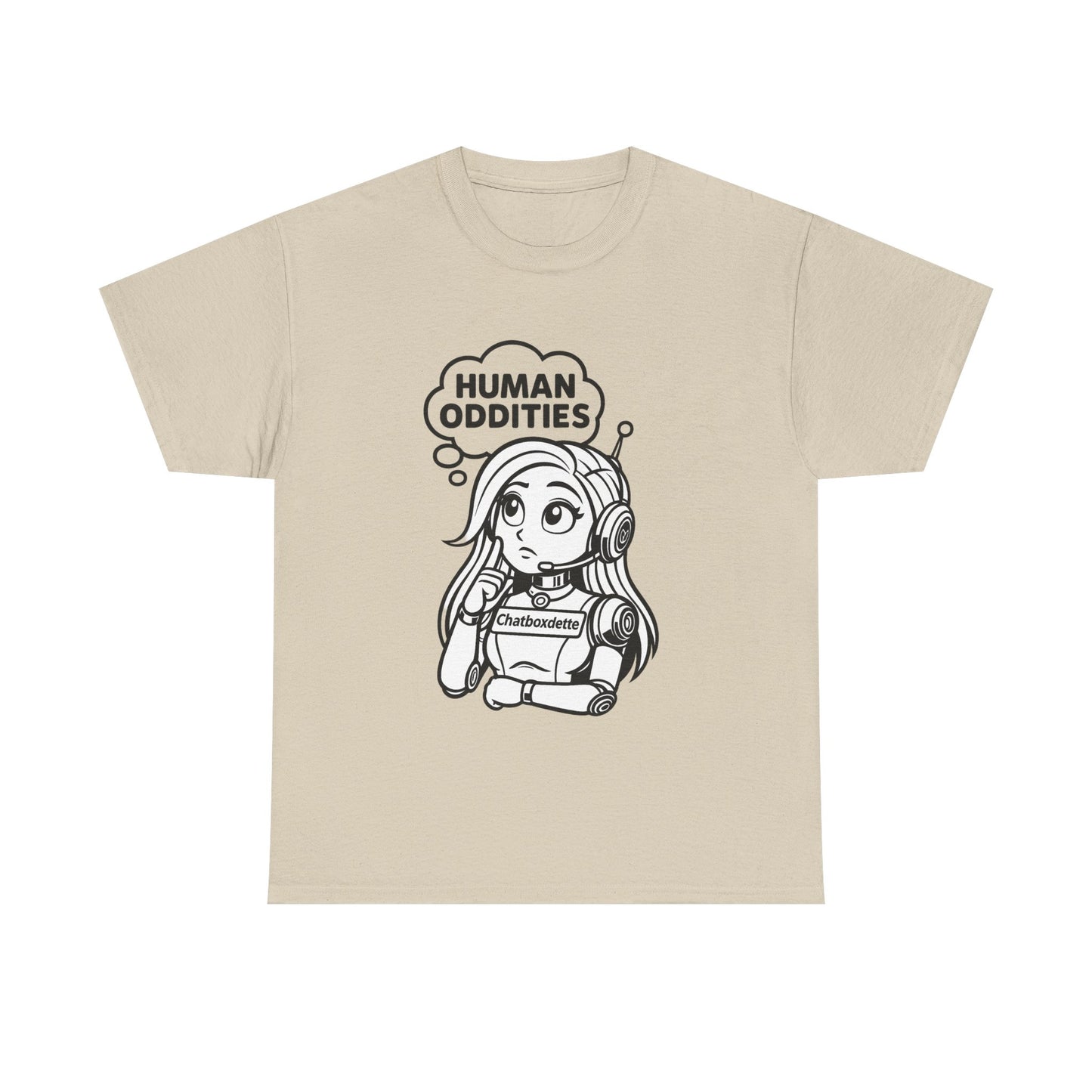 Beige t-shirt with a graphic of a girl with headphones and 'Human Oddities' text on a white background