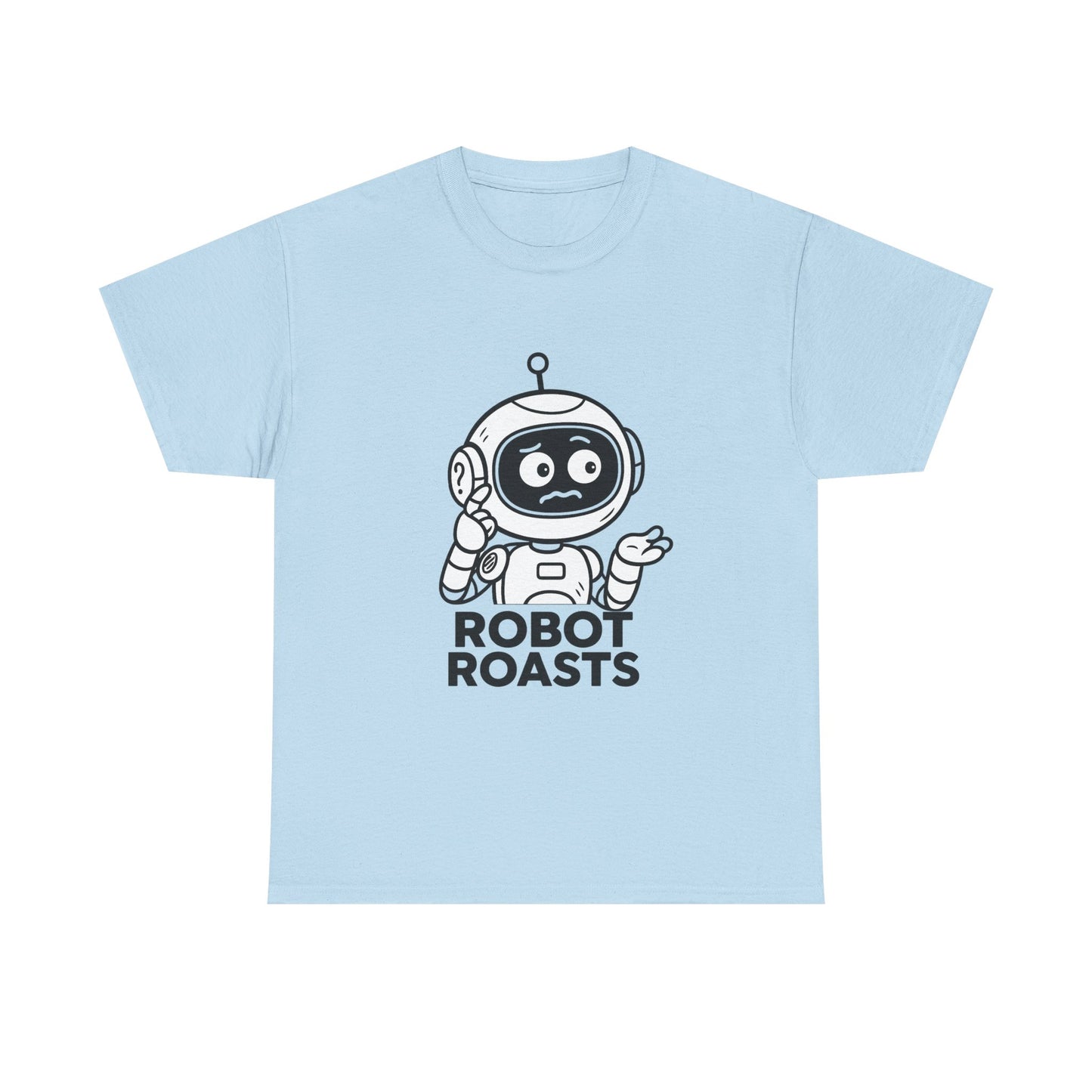 Light blue t-shirt with a robot graphic and 'Robot Roasts' text on a white background