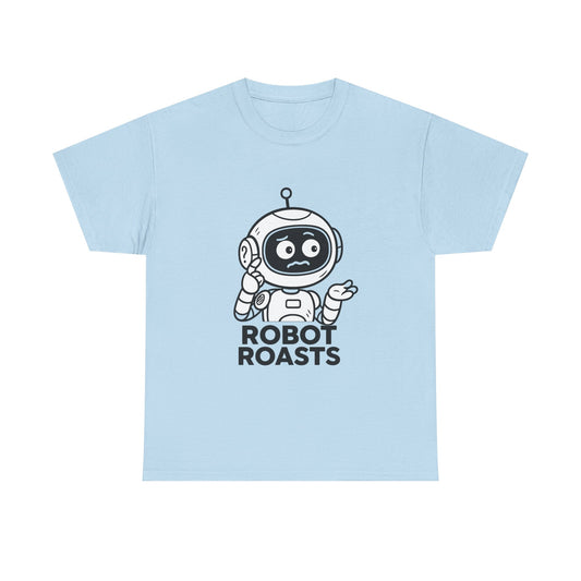 Light blue t-shirt with a robot graphic and 'Robot Roasts' text on a white background