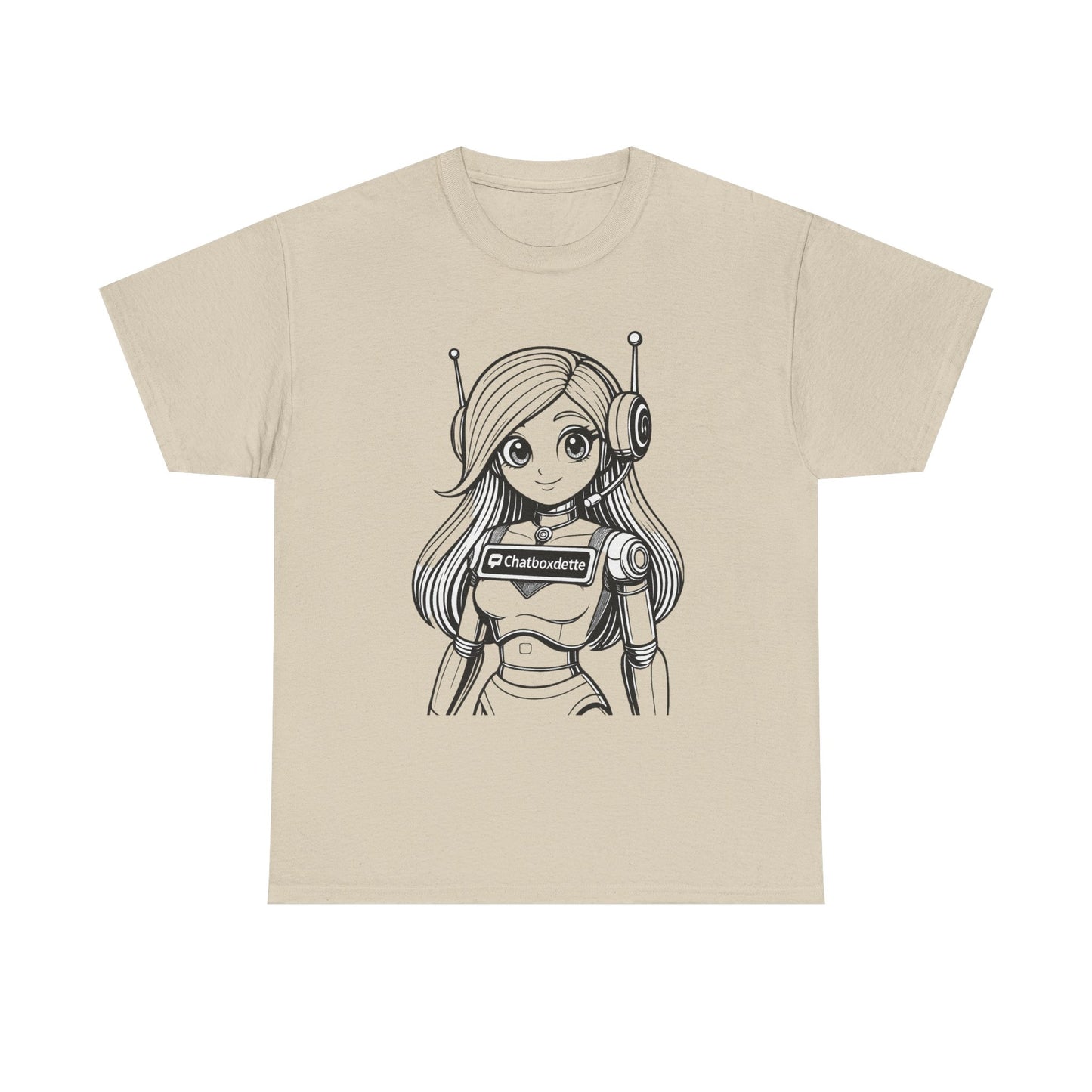Beige t-shirt with a robot girl graphic and 'Chibbodenshi' text on a white background