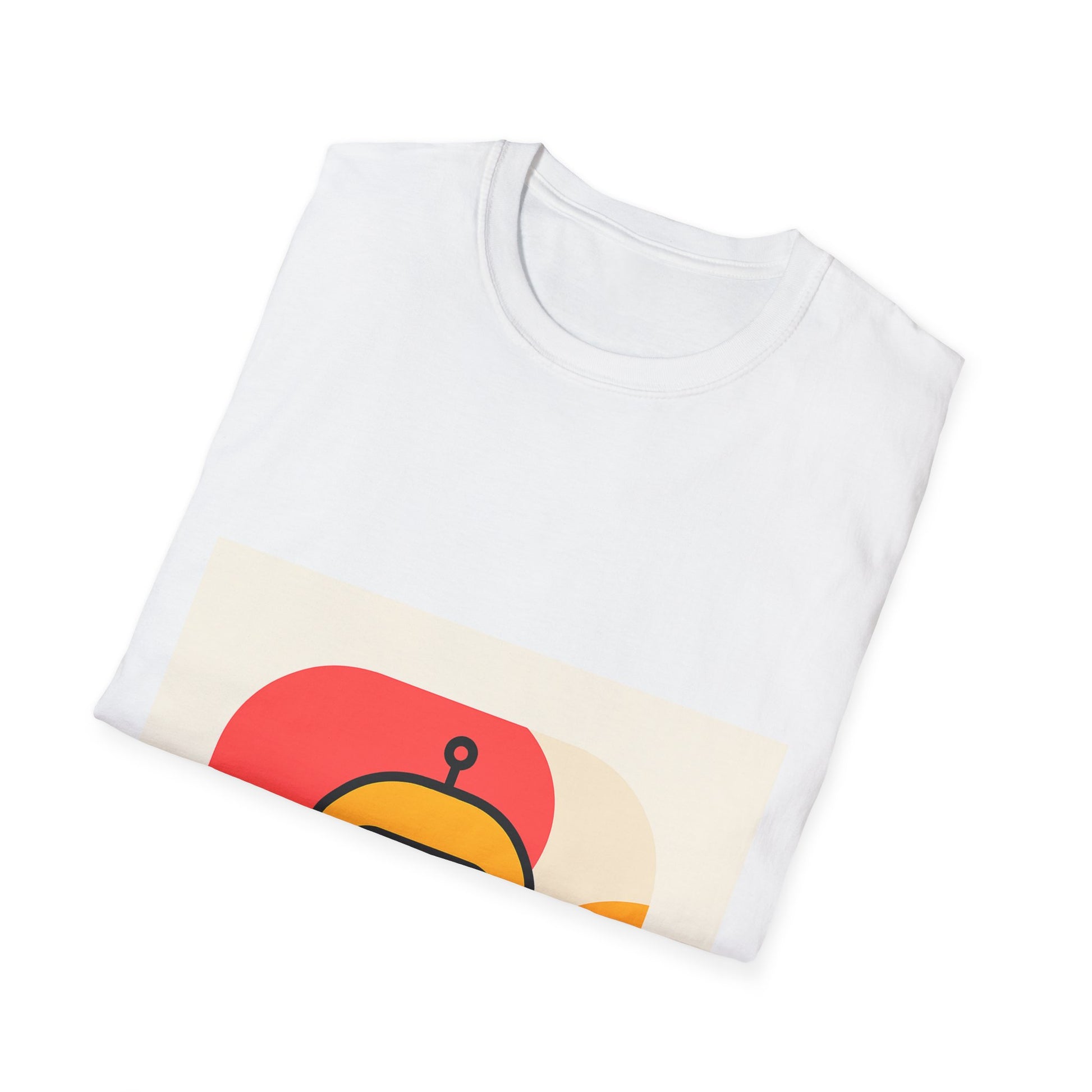 Folded white t-shirt with a colorful graphic on a white background