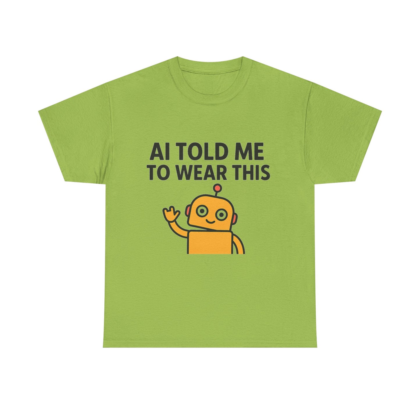Green t-shirt with a robot graphic and text on a white background
