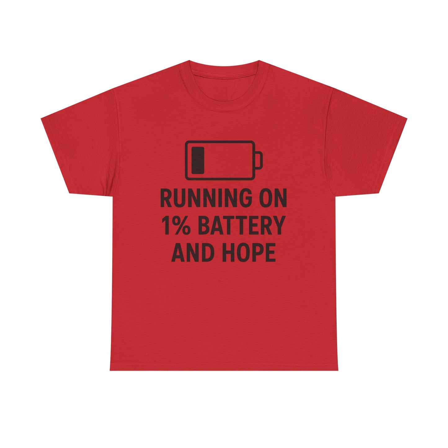 Red t-shirt with black text and battery icon on a white background