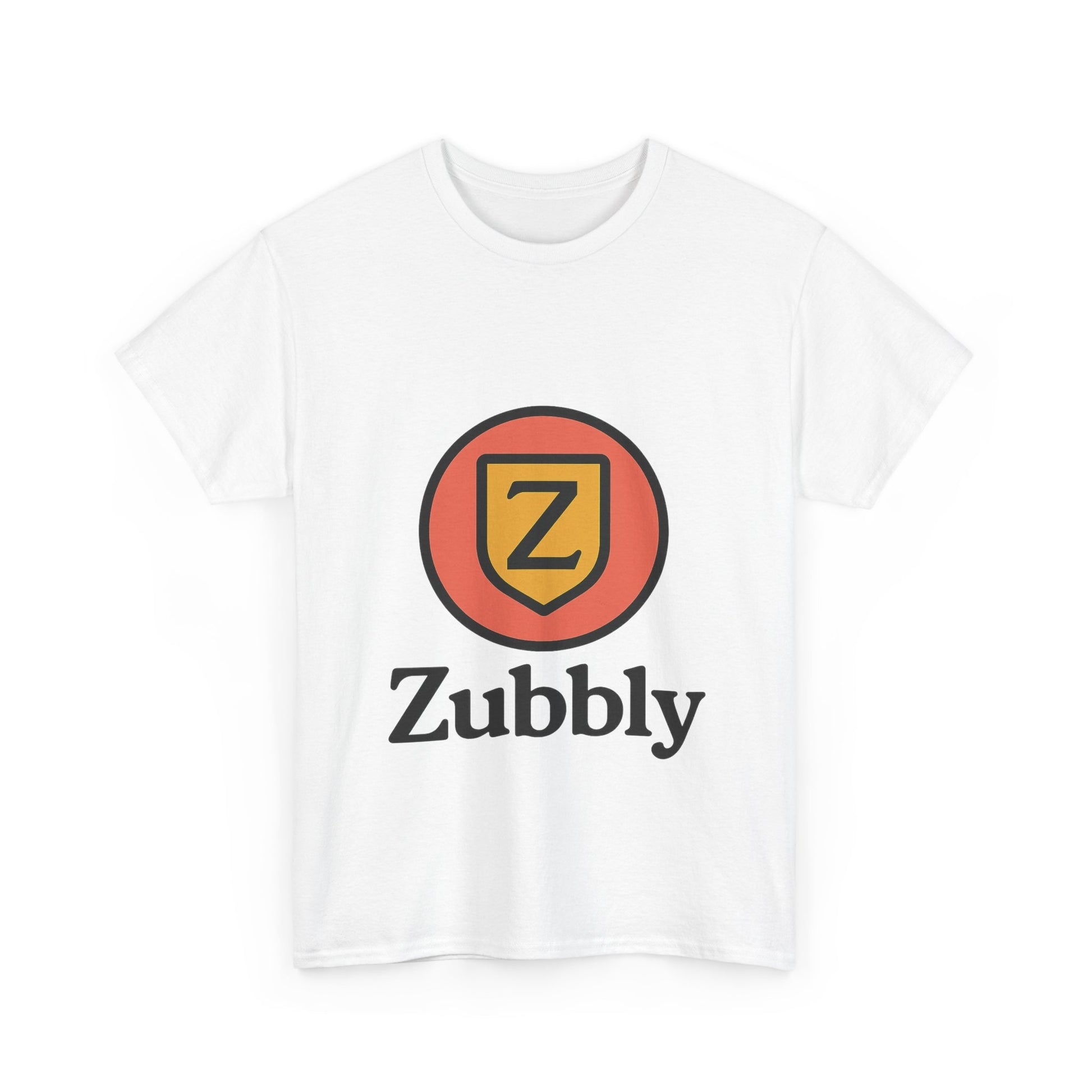 White t-shirt with Zubbly logo on a white background