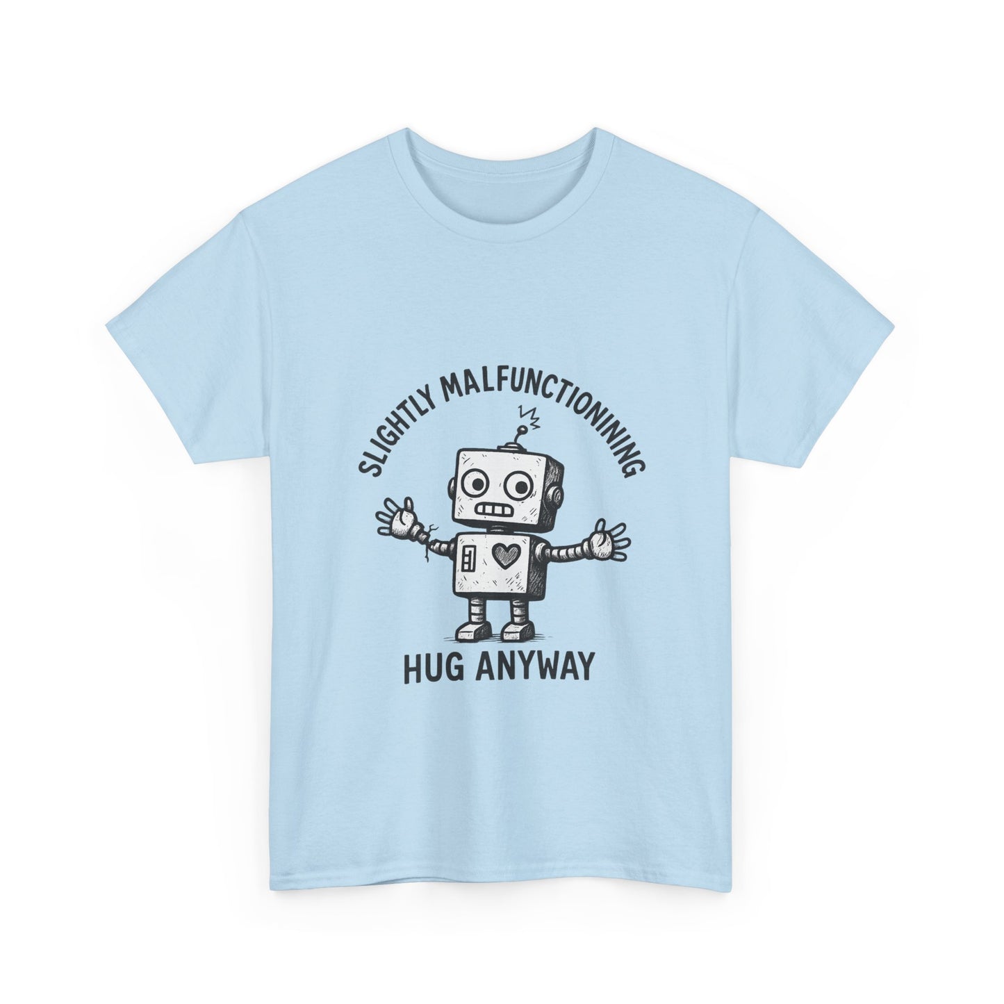 Light blue t-shirt with a robot graphic and text on a white background