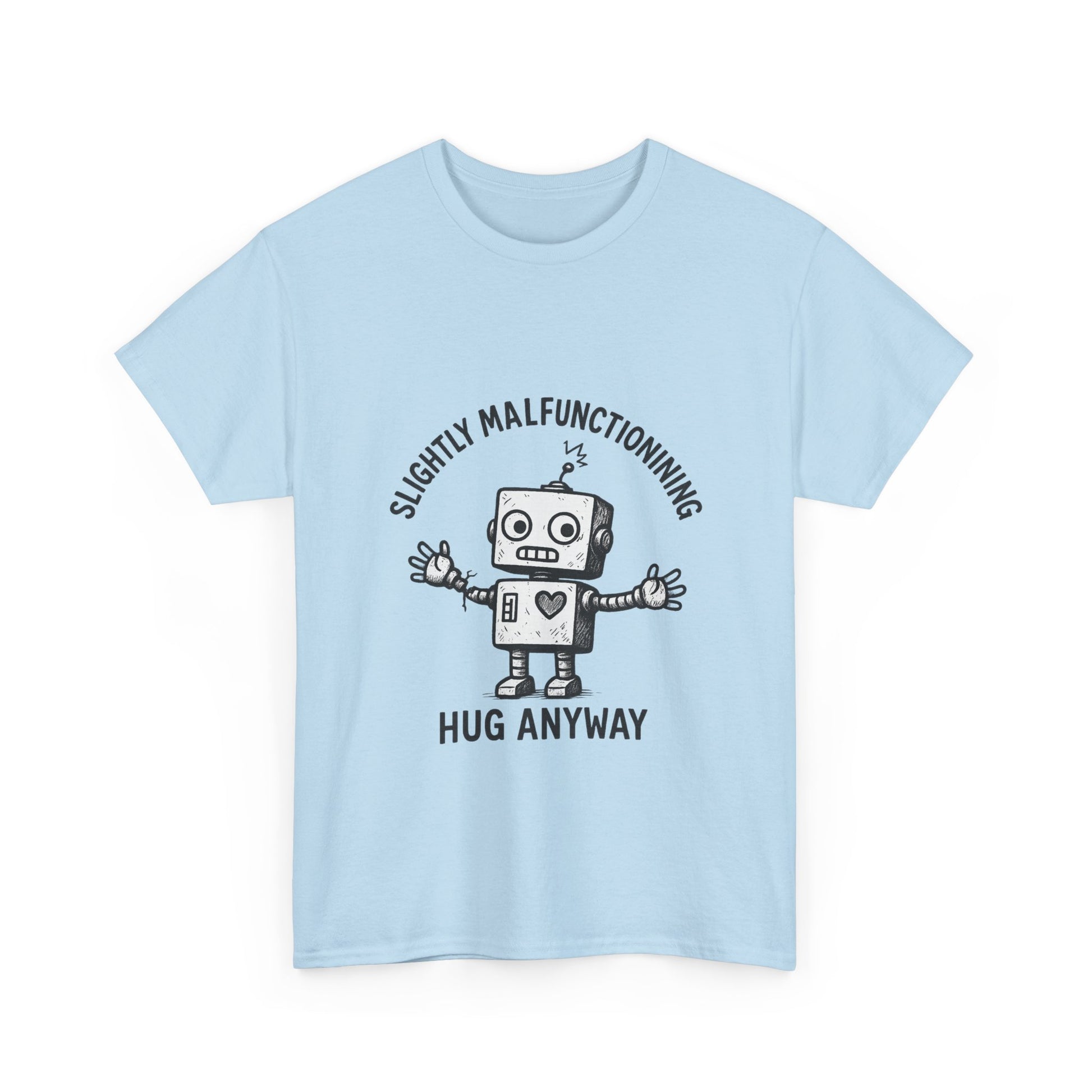 Light blue t-shirt with a robot graphic and text on a white background