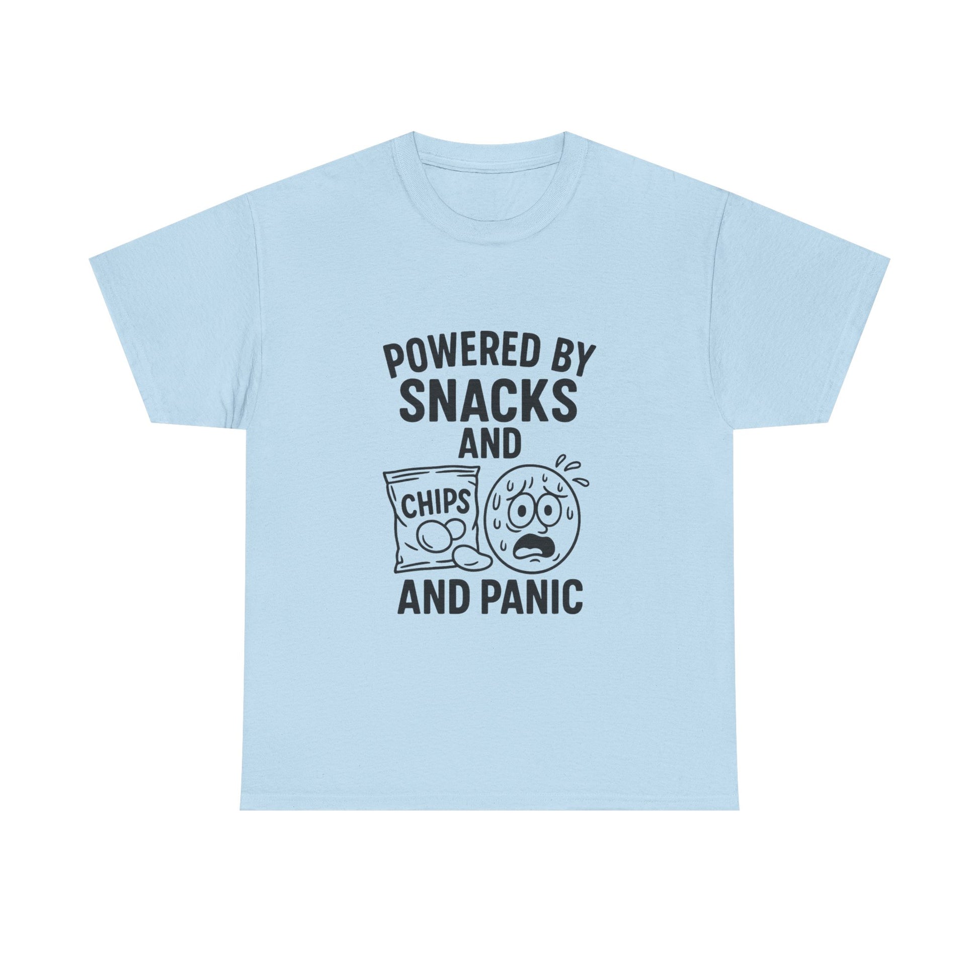 Light blue t-shirt with black text and graphics on a white background