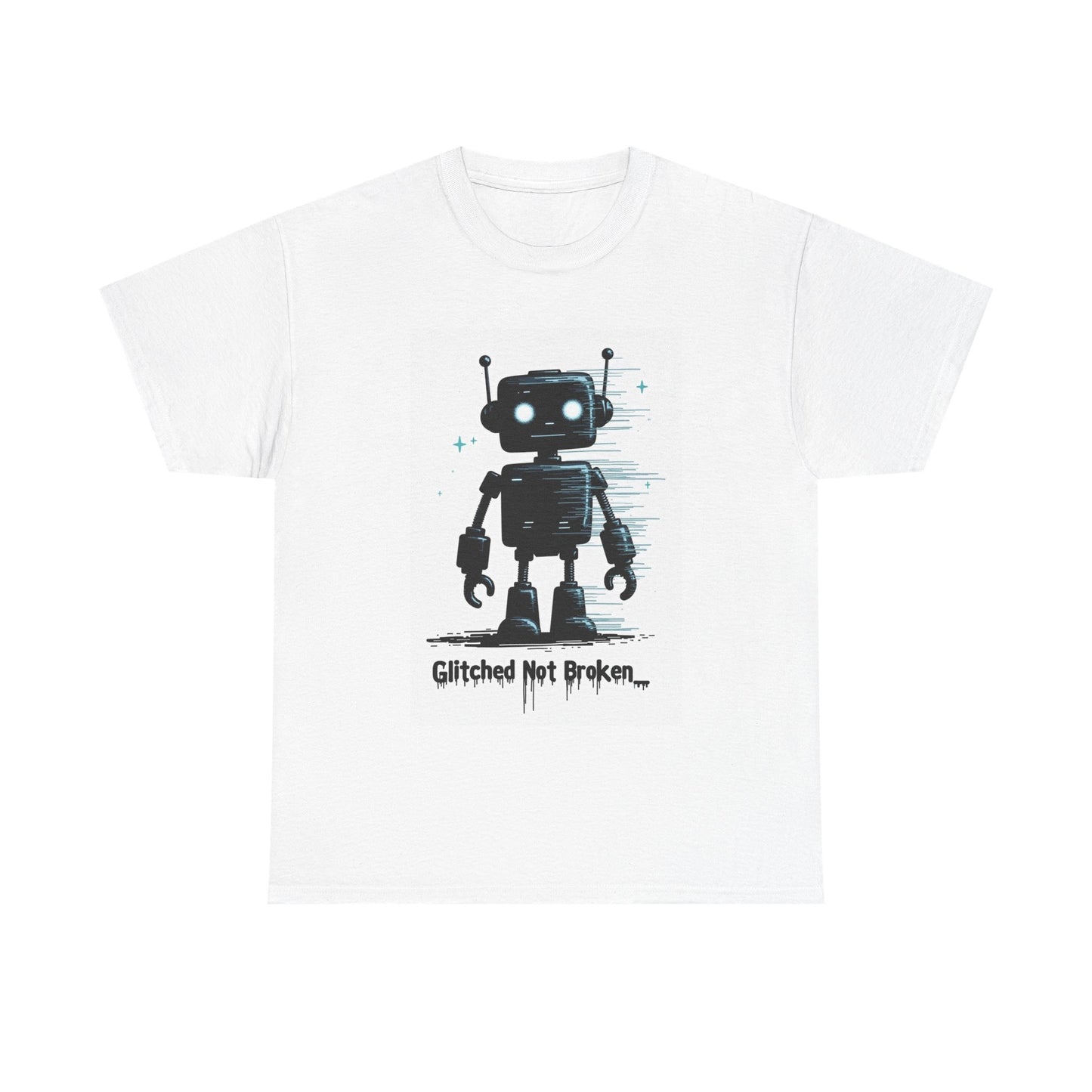 Funny AI-themed green t-shirt with cartoon character and  text on white background