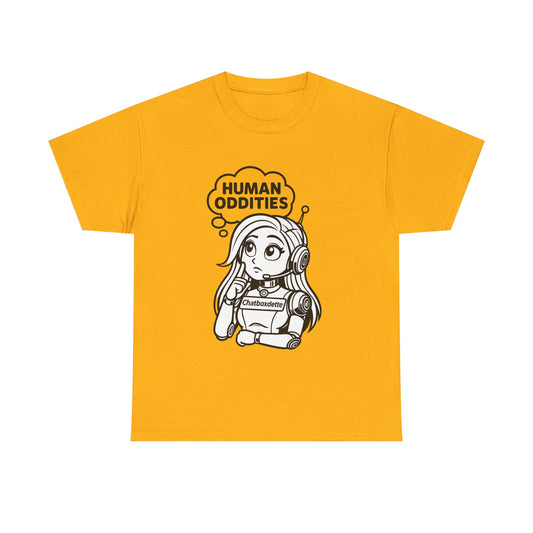 Yellow t-shirt with a cartoon character and 'Human Oddities' text on a white background