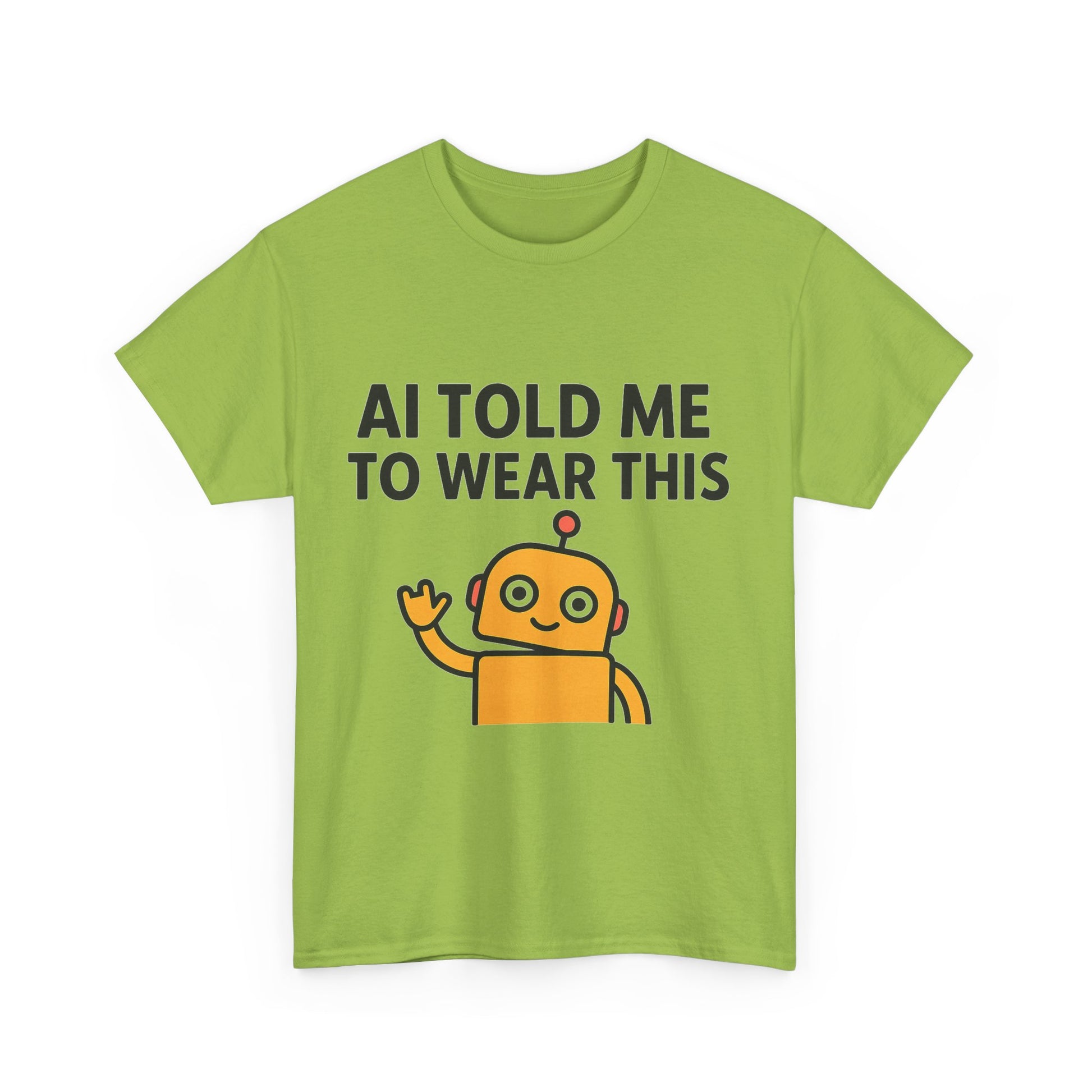 Green t-shirt with a robot graphic and text on a white background