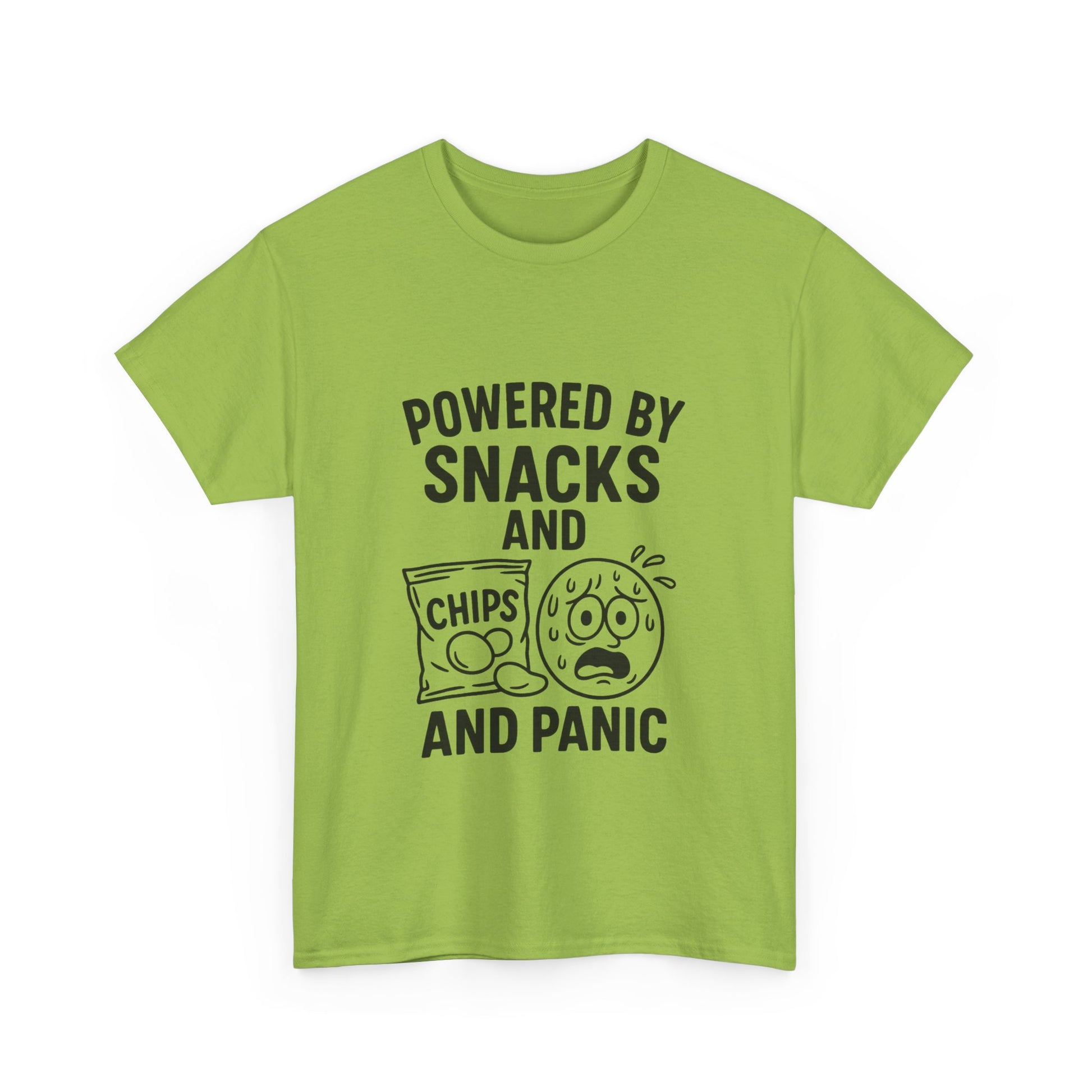 Green t-shirt with black text and graphics on a white background