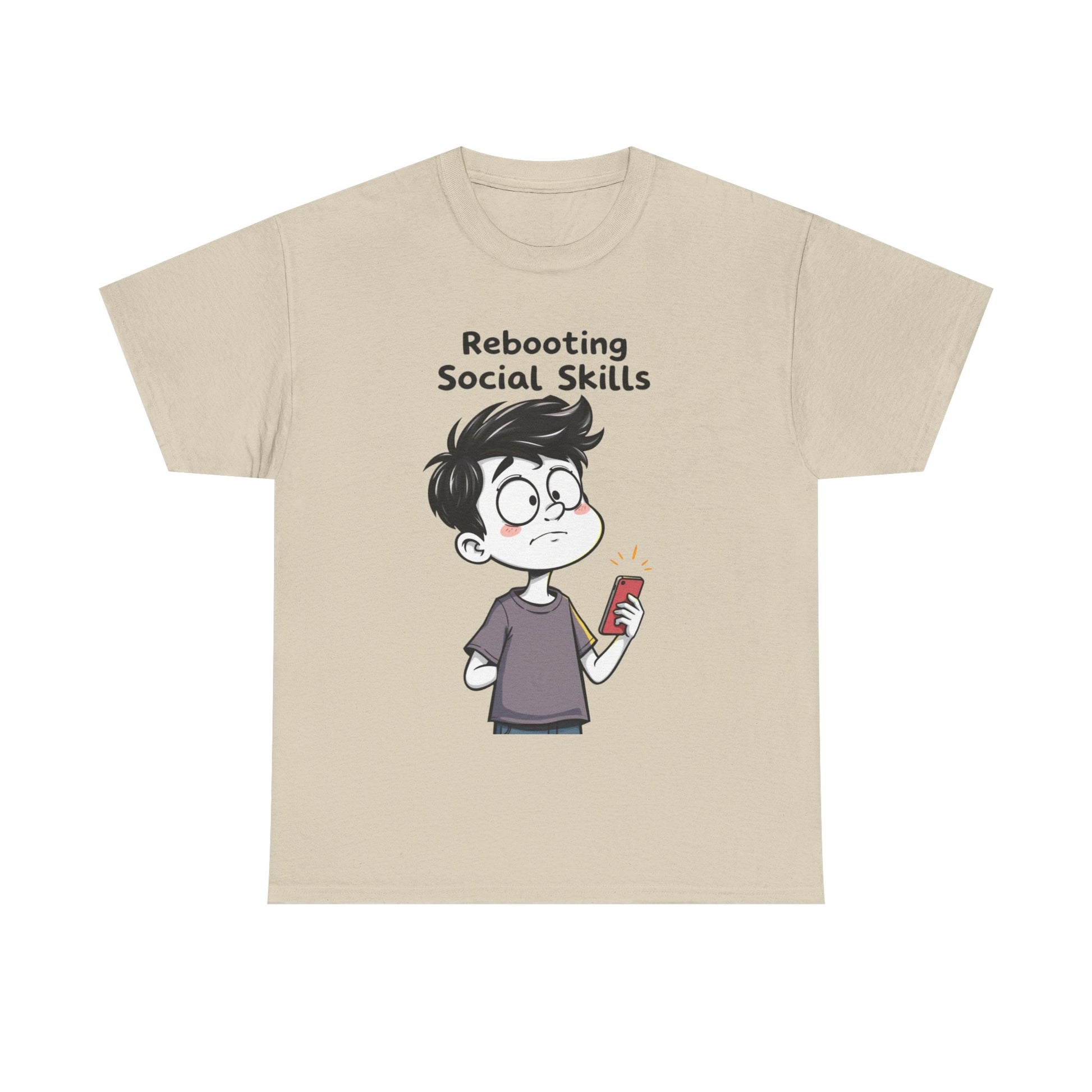 Funny AI-themed beige t-shirt with cartoon character and ‘Rebooting Social Skills’ text on white background