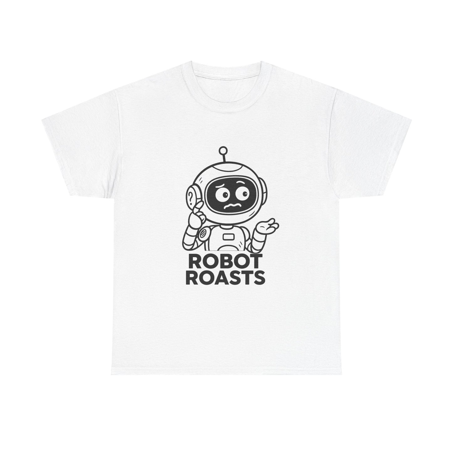 White t-shirt with a robot graphic and 'Robot Roasts' text on a white background