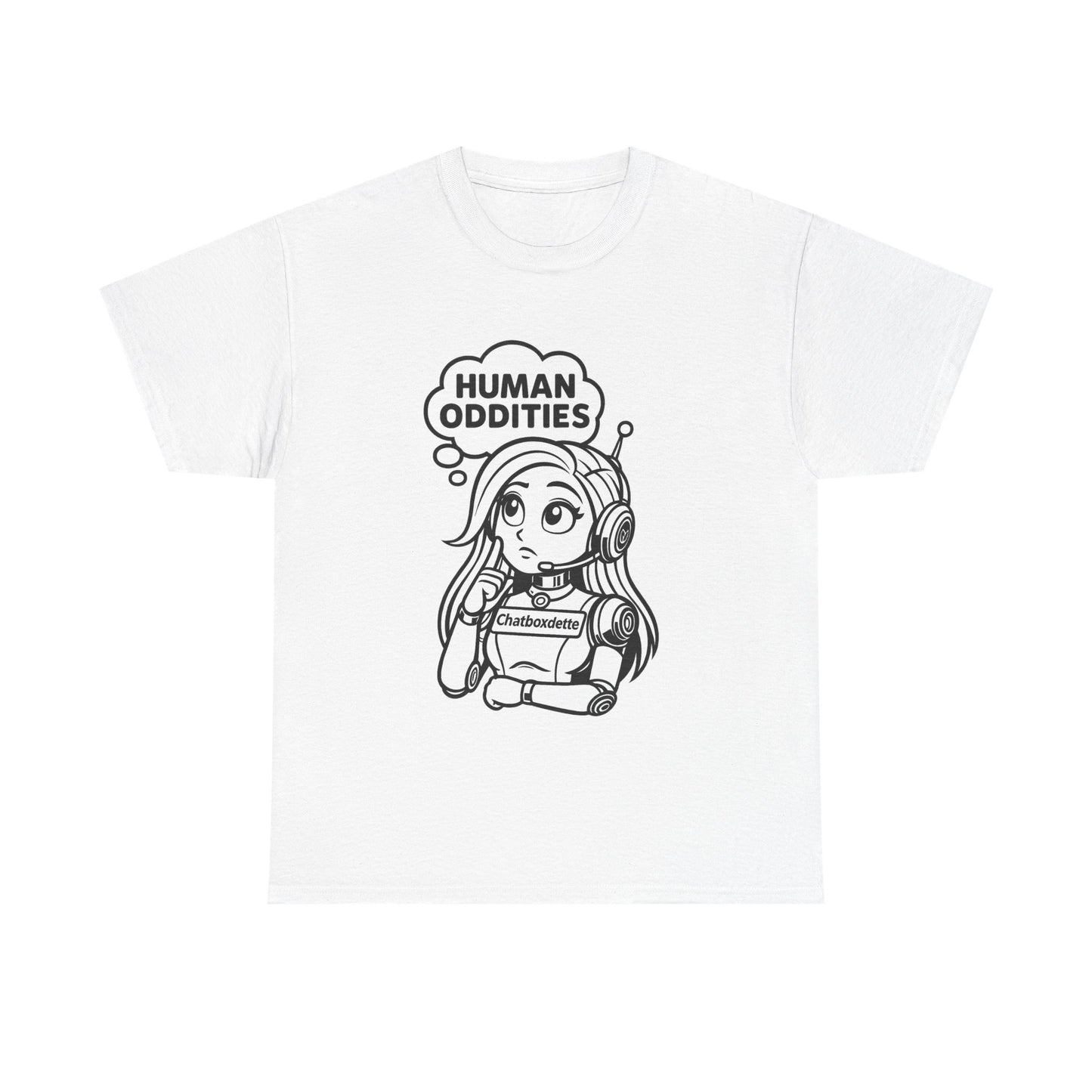 White t-shirt with a cartoon character and 'Human Oddities' text on a white background