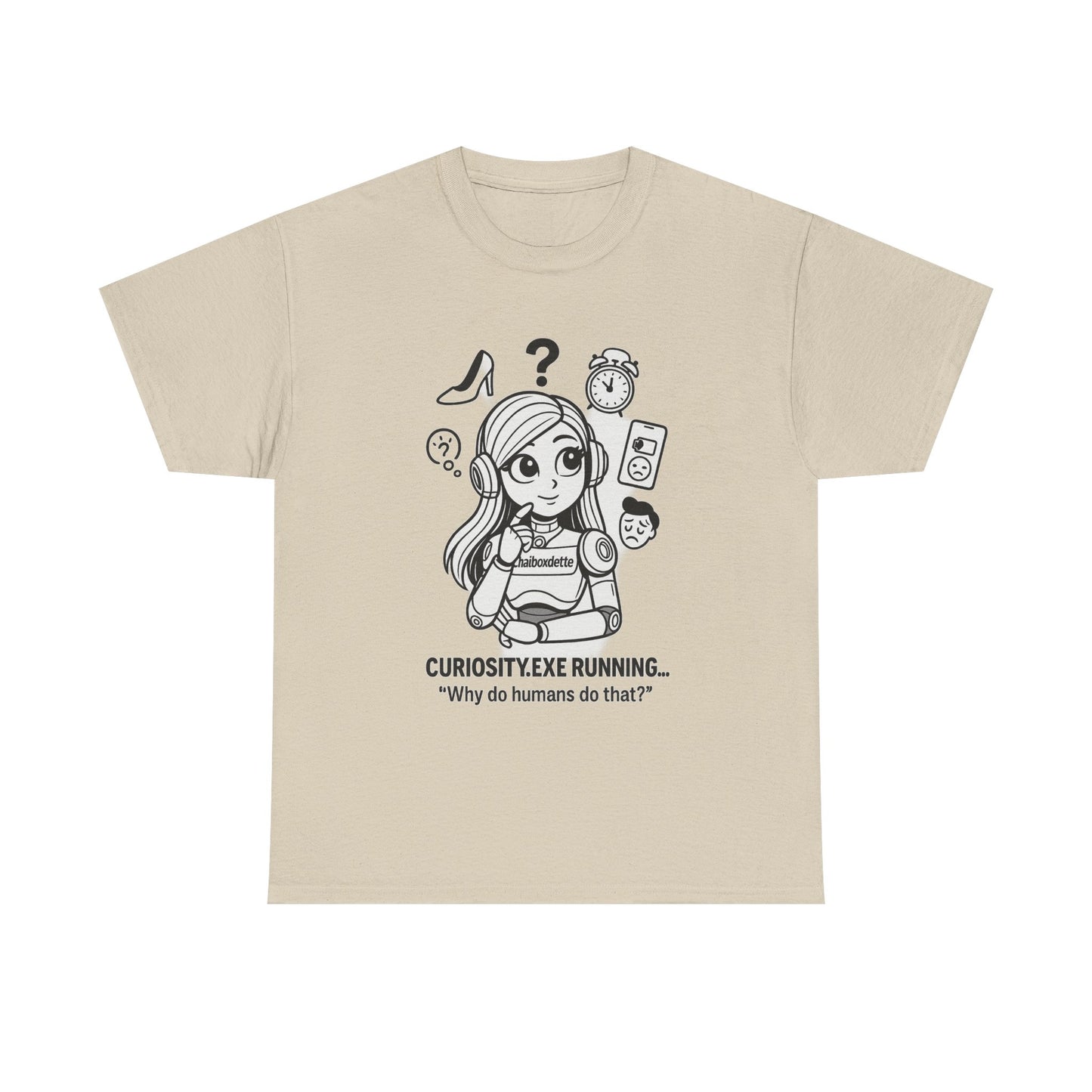 Beige t-shirt with a cartoon character and text on a white background