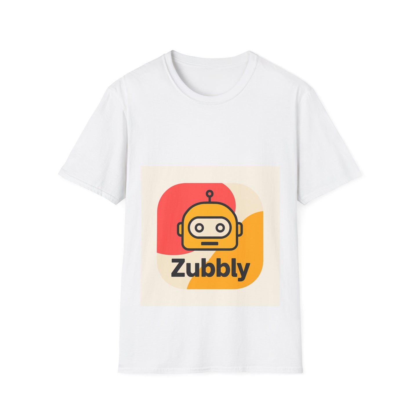 White t-shirt with Zubbly logo on a white background