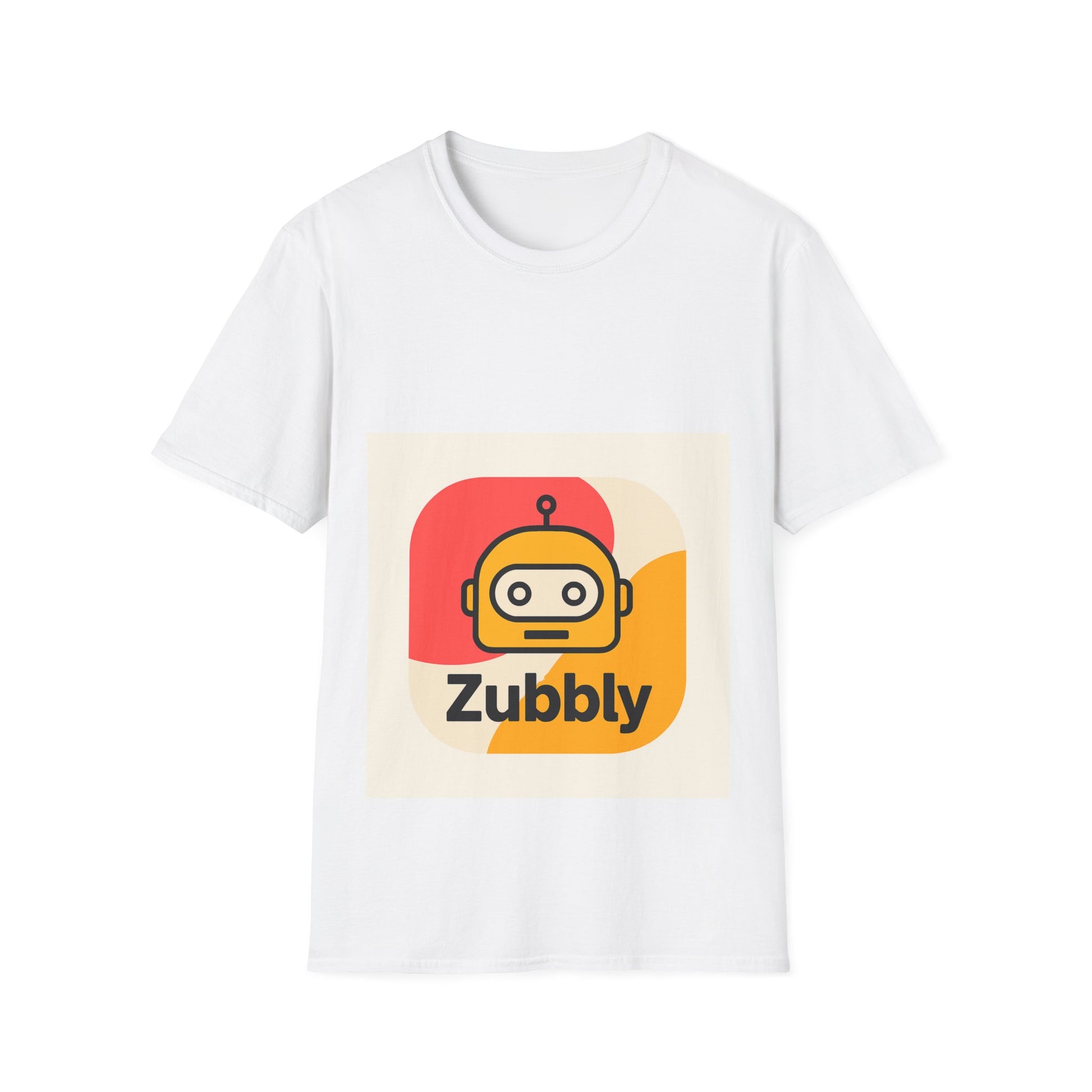 White t-shirt with Zubbly logo on a white background