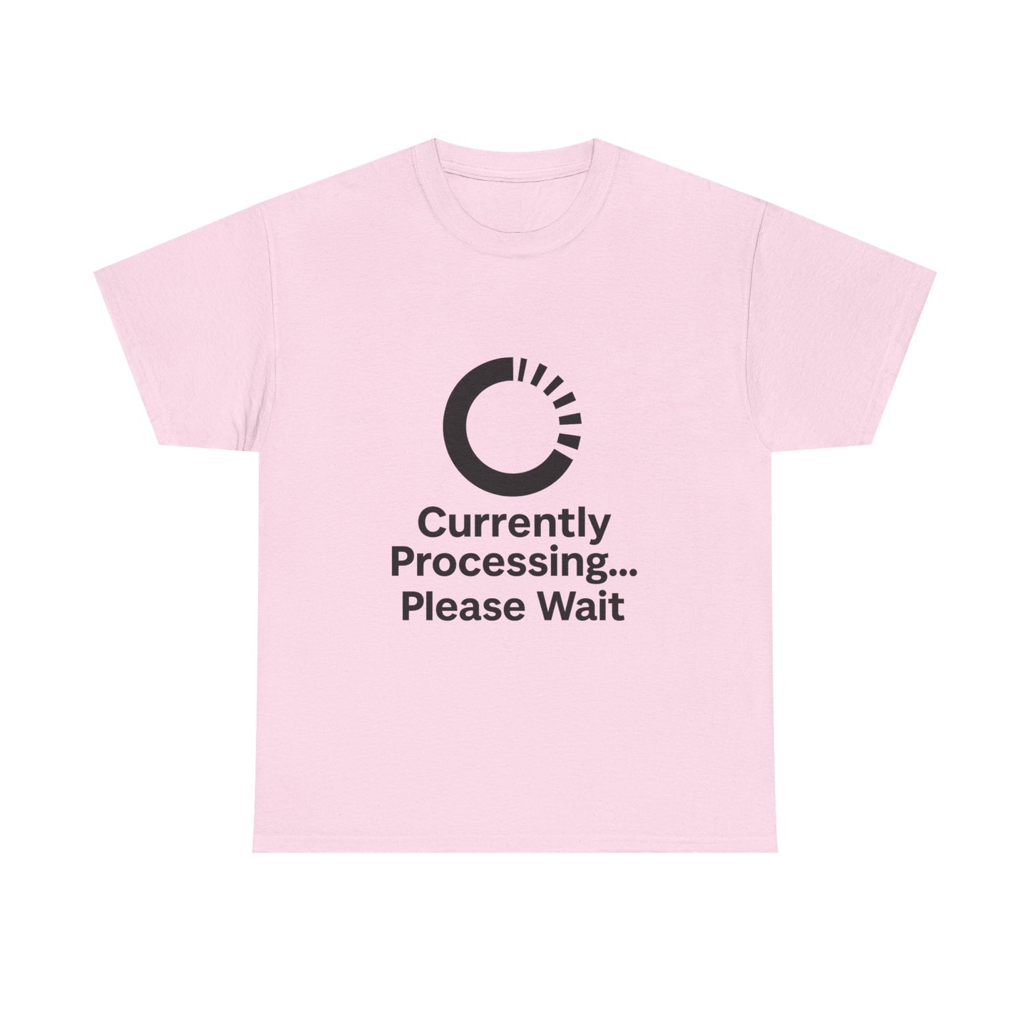 Pink t-shirt with black text and logo on a white background