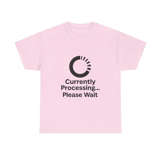 Pink t-shirt with black text and logo on a white background