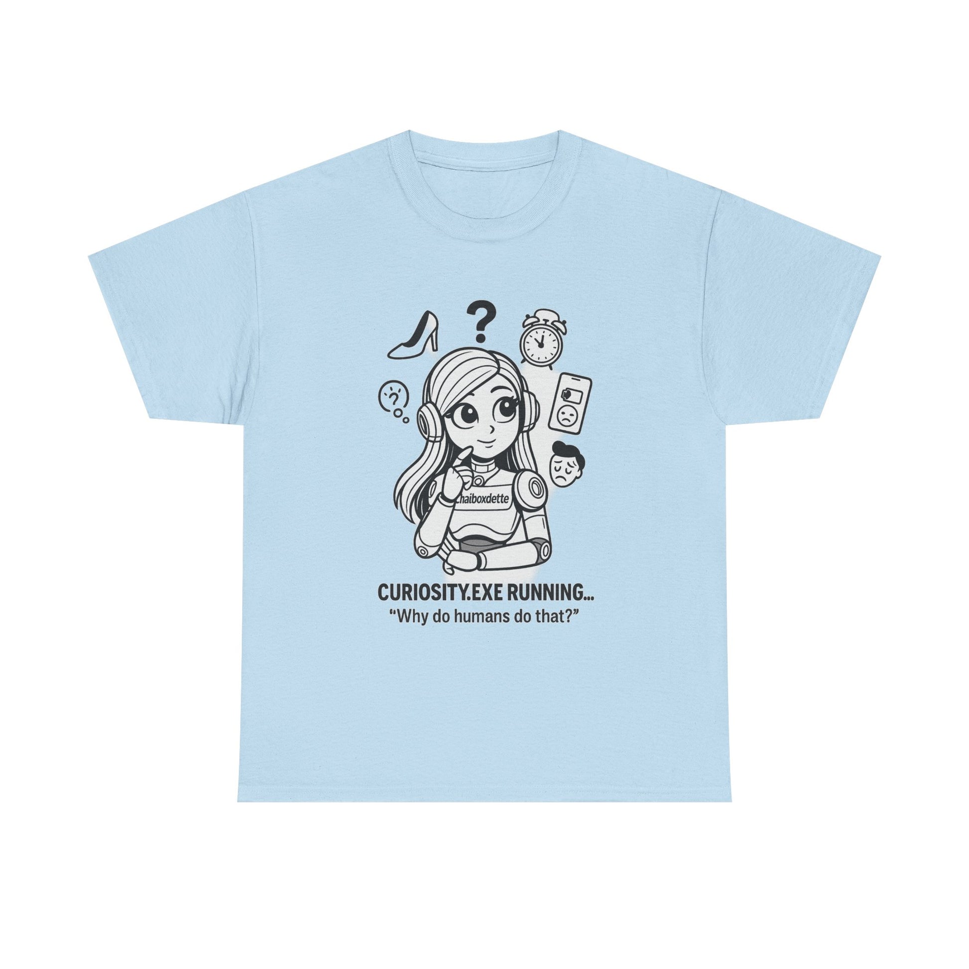 Light blue t-shirt with a cartoon character and text on a white background