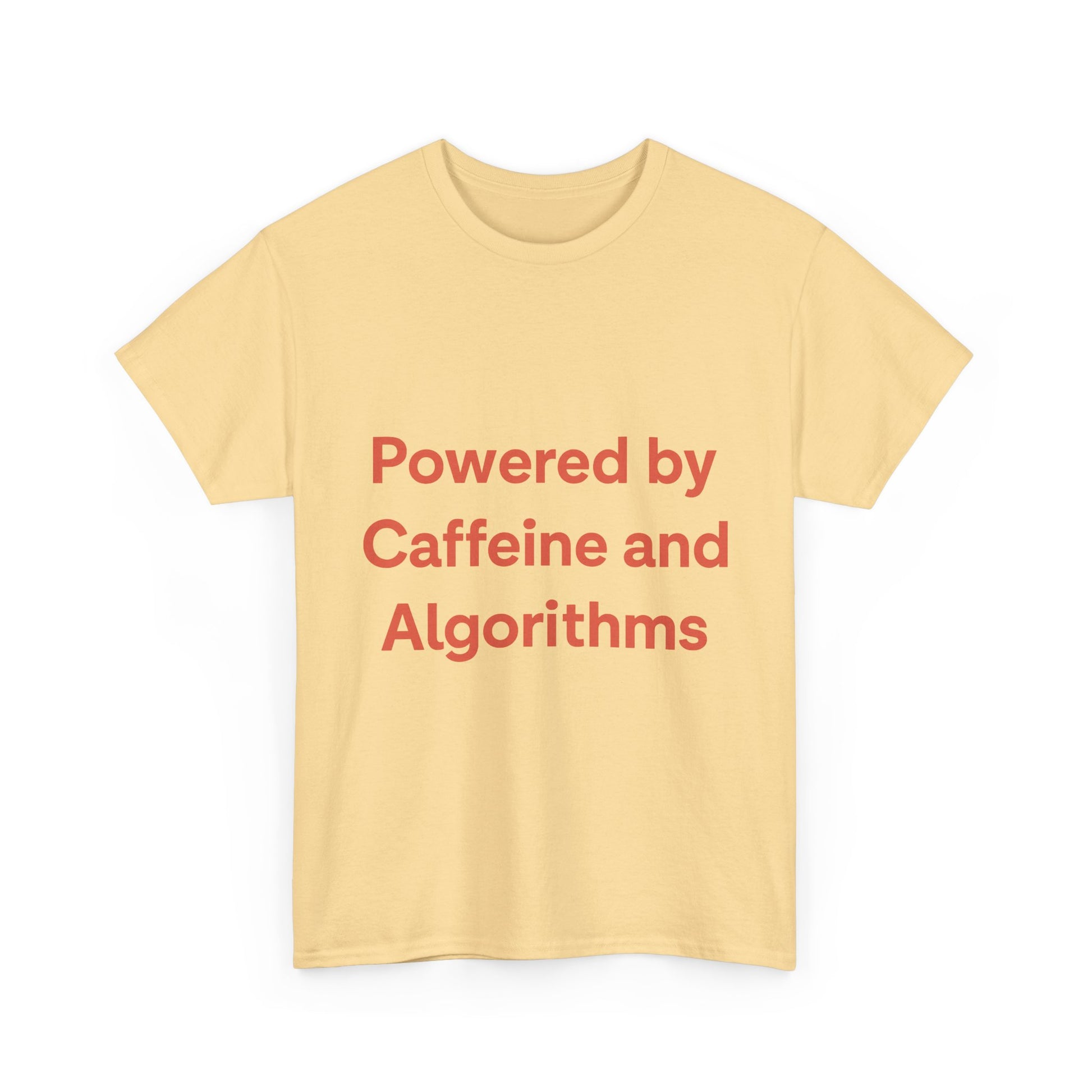 Yellow t-shirt with red text 'Powered by Caffeine and Algorithms' on a white background