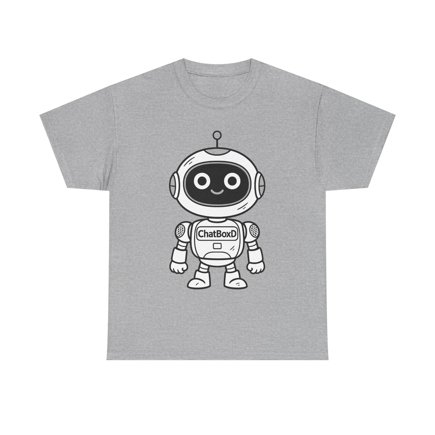 Gray t-shirt with a robot graphic and 'ChatBoxD' text on a white background