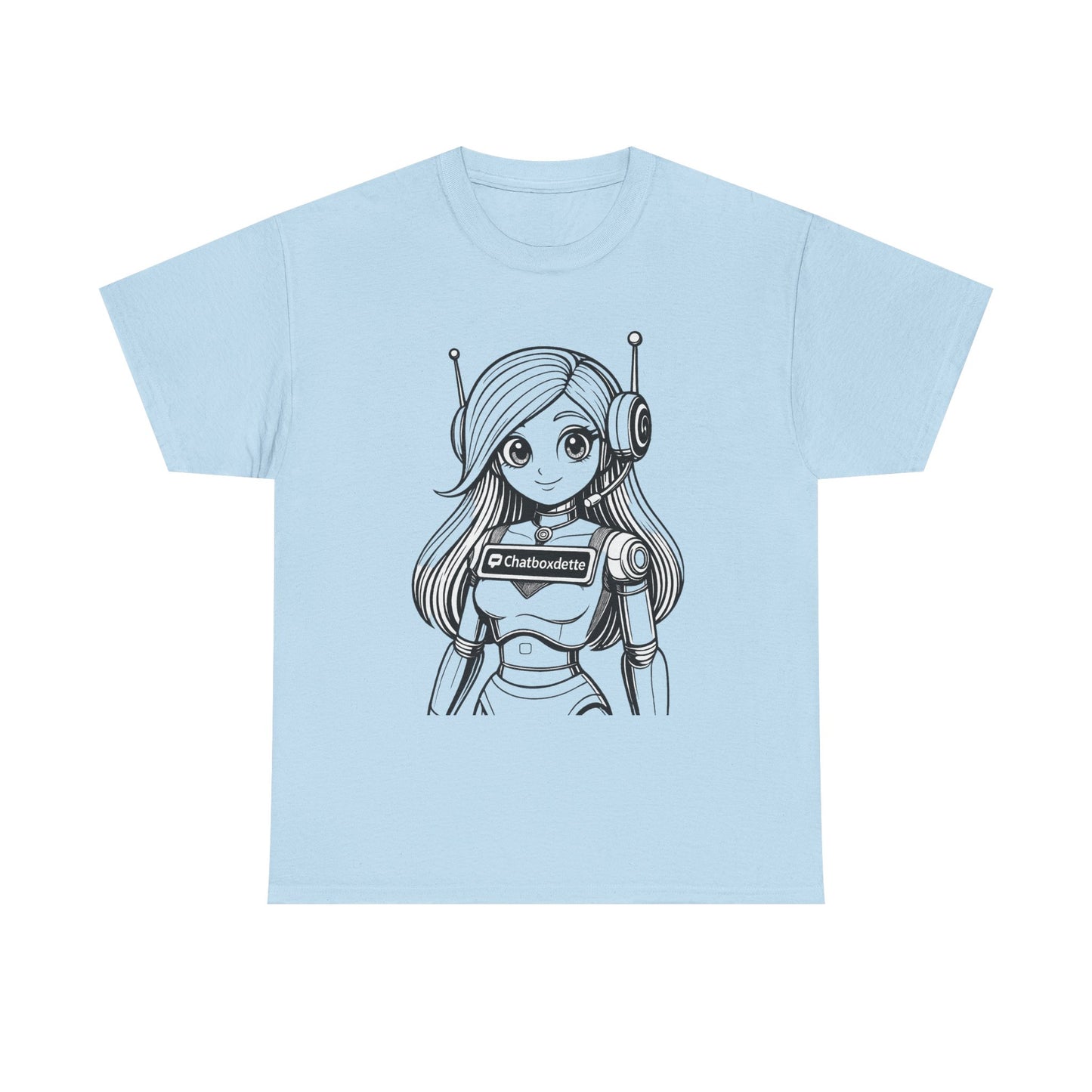 Light blue t-shirt with an illustration of a robot girl on a white background