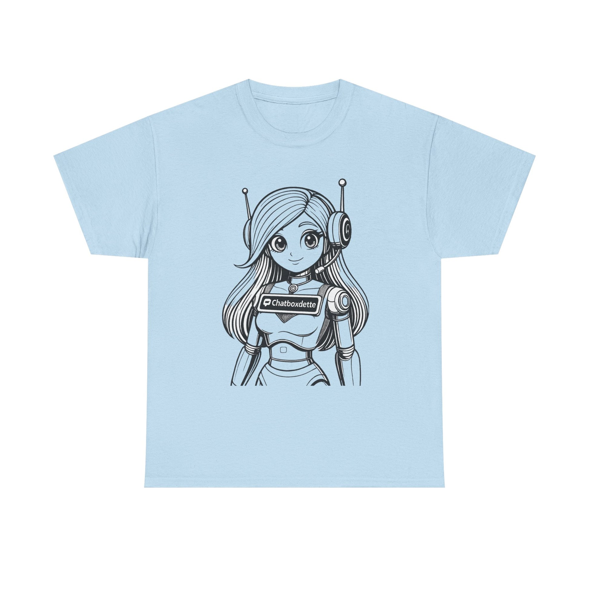 Light blue t-shirt with an illustration of a robot girl on a white background