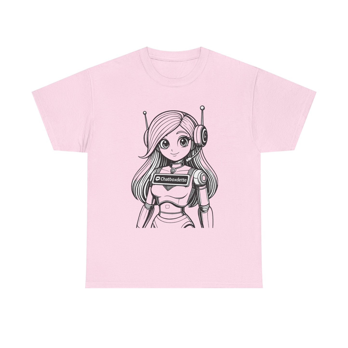 Pink t-shirt with an anime-style character design on a white background