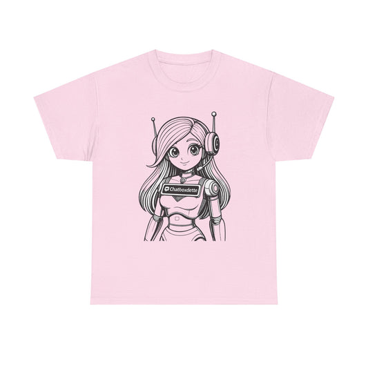 Pink t-shirt with an anime-style character design on a white background