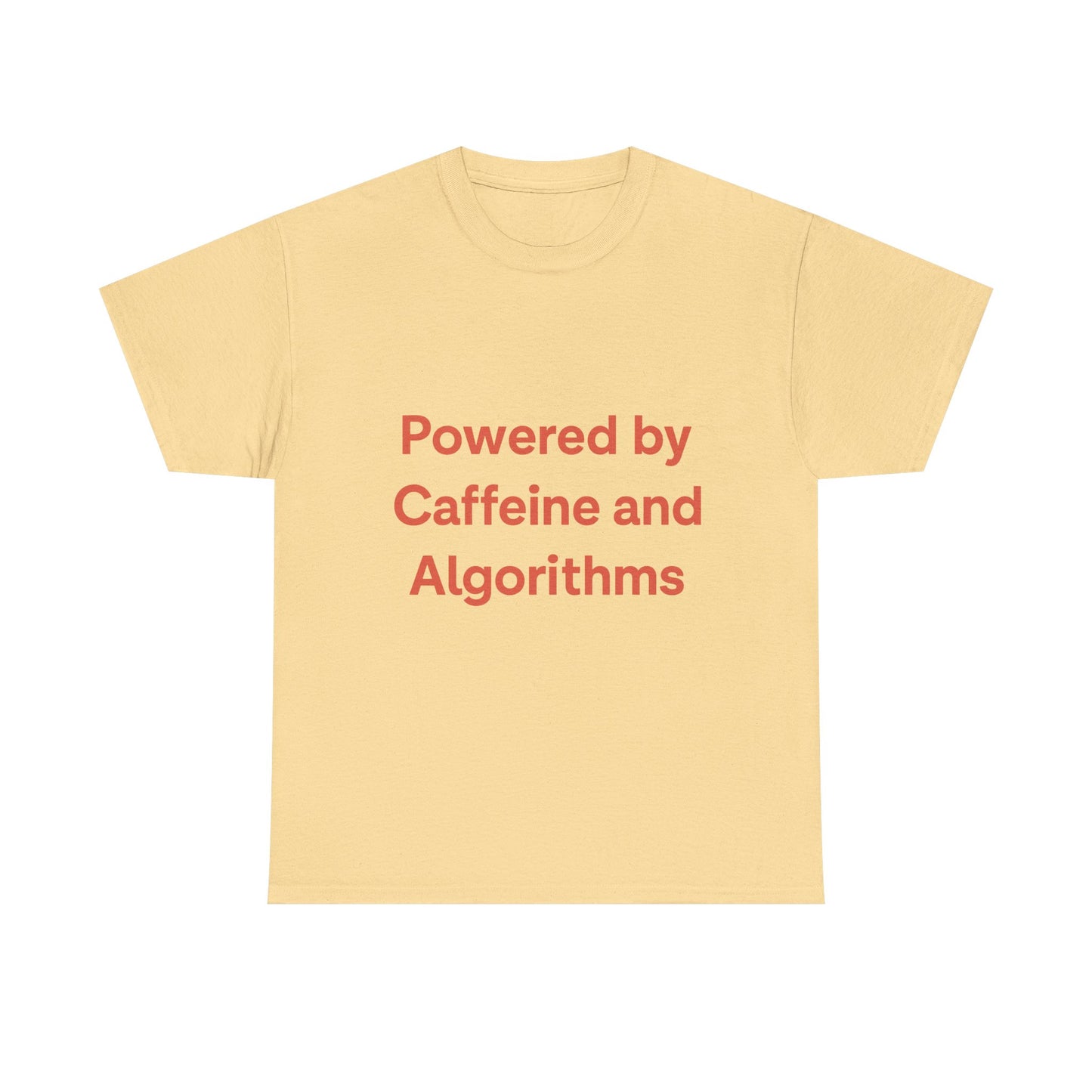 Yellow t-shirt with red text 'Powered by Caffeine and Algorithms' on a white background