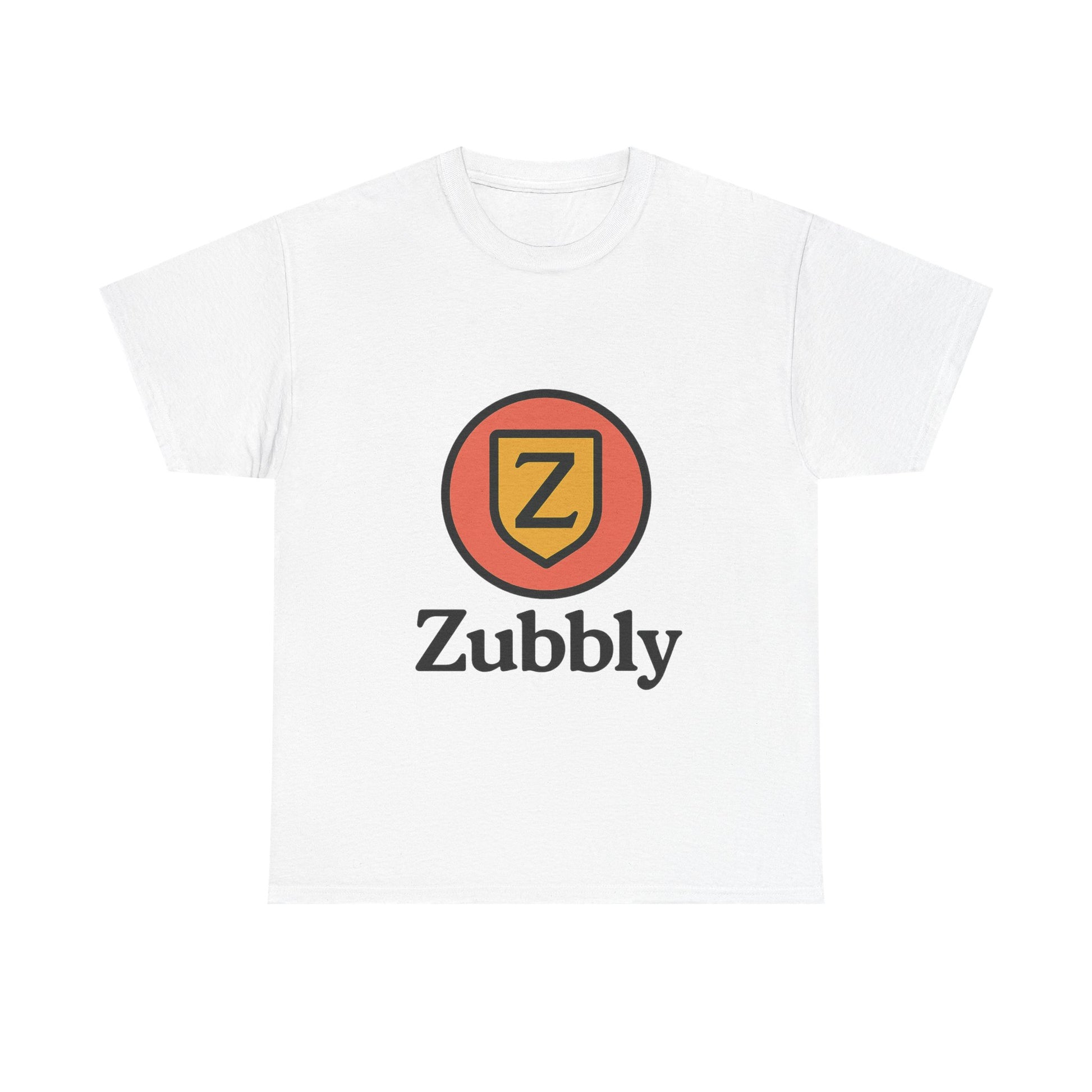 White t-shirt with Zubbly logo on a white background