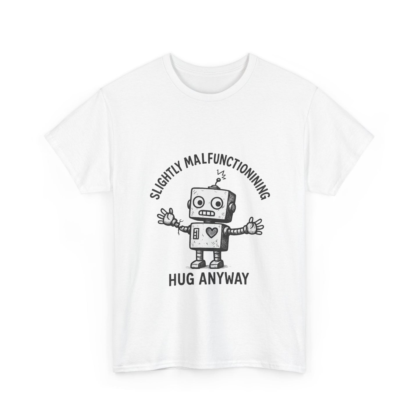 White t-shirt with a robot graphic and text on a white background
