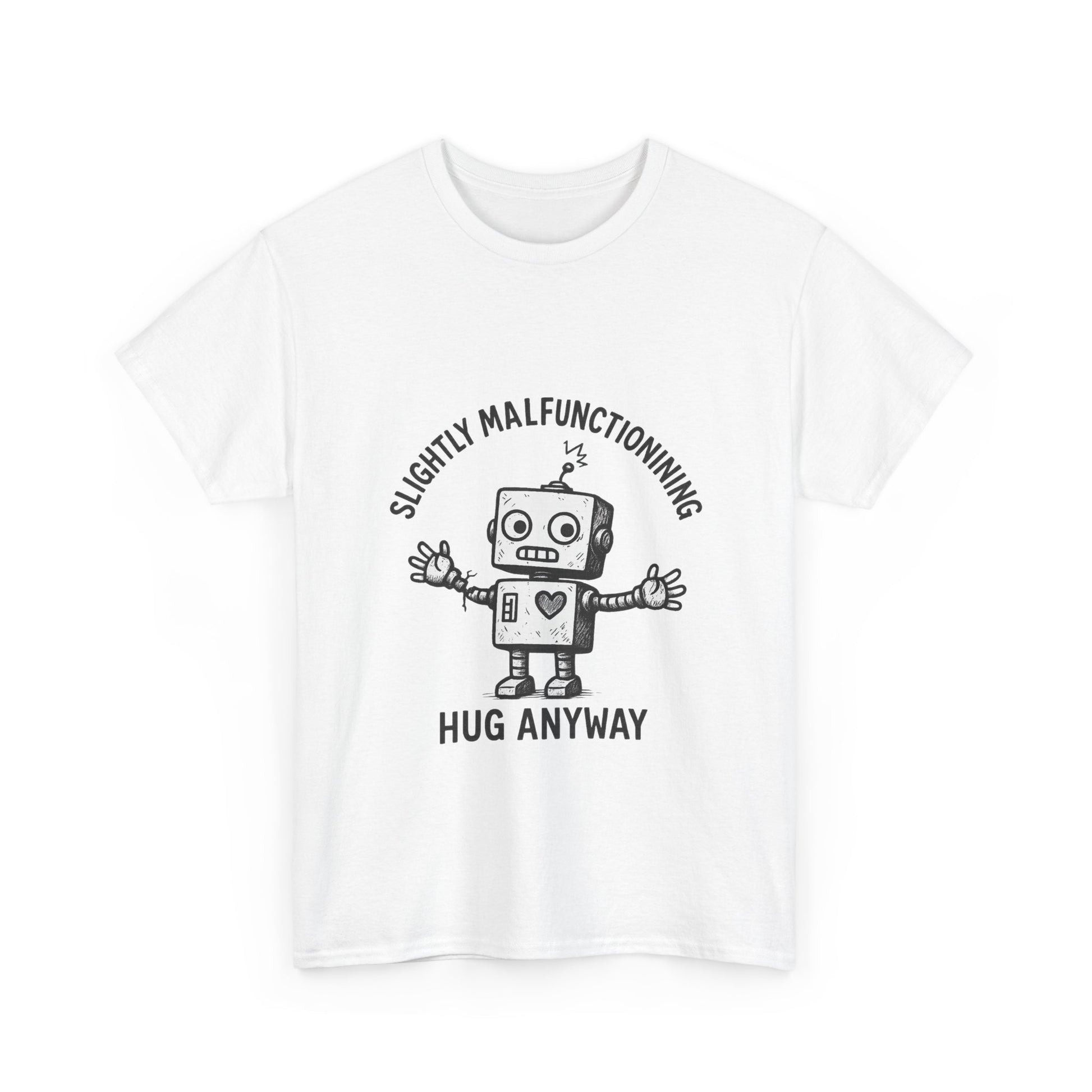 White t-shirt with a robot graphic and text on a white background