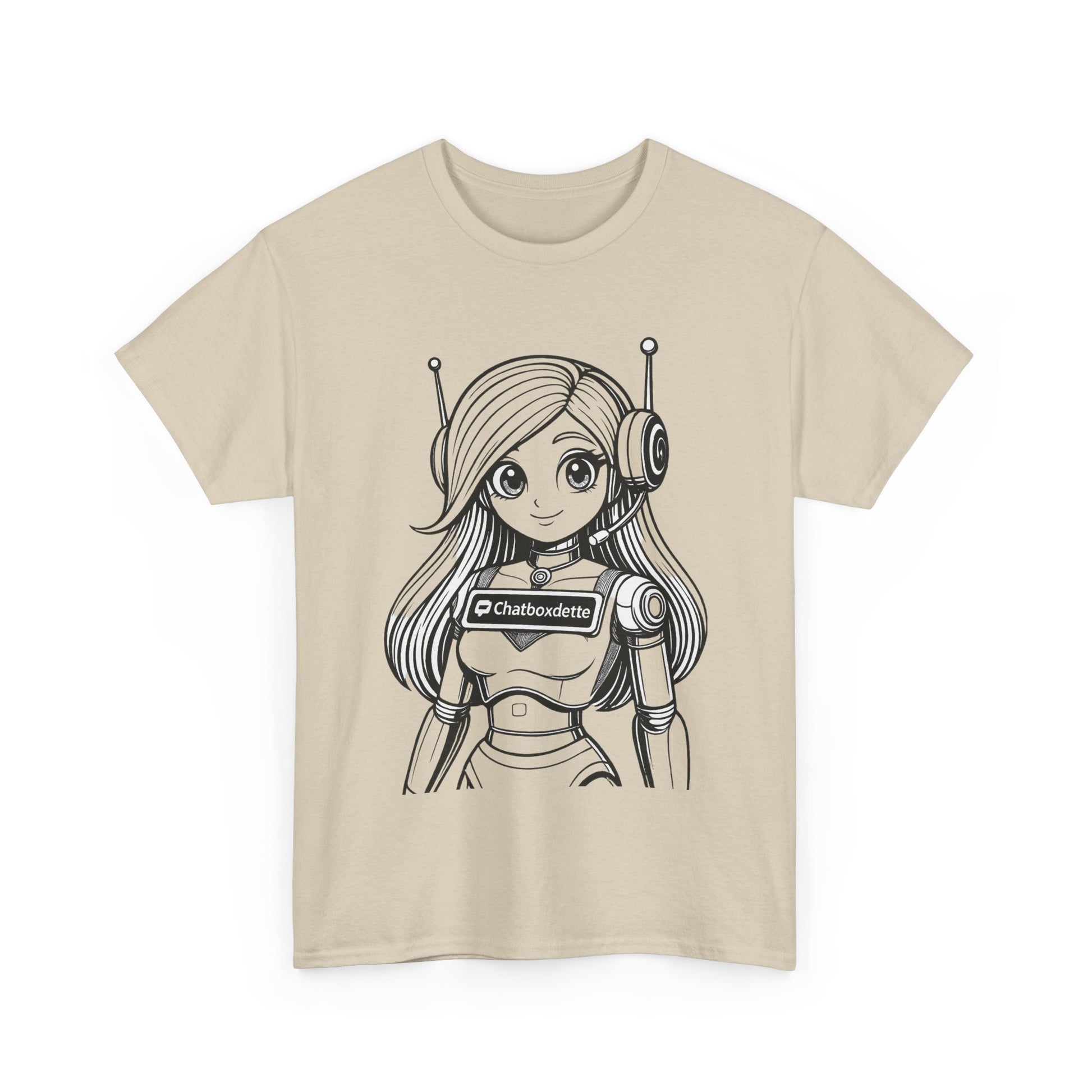 Beige t-shirt with a robot girl design on a white background