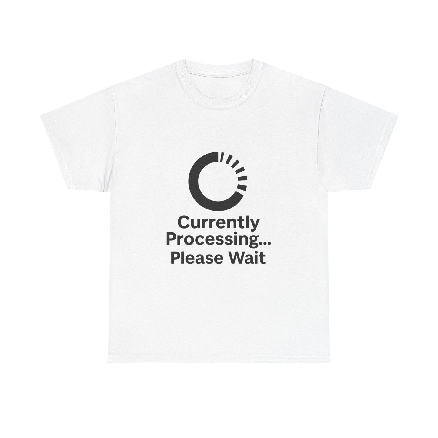 White t-shirt with black text and logo on a white background