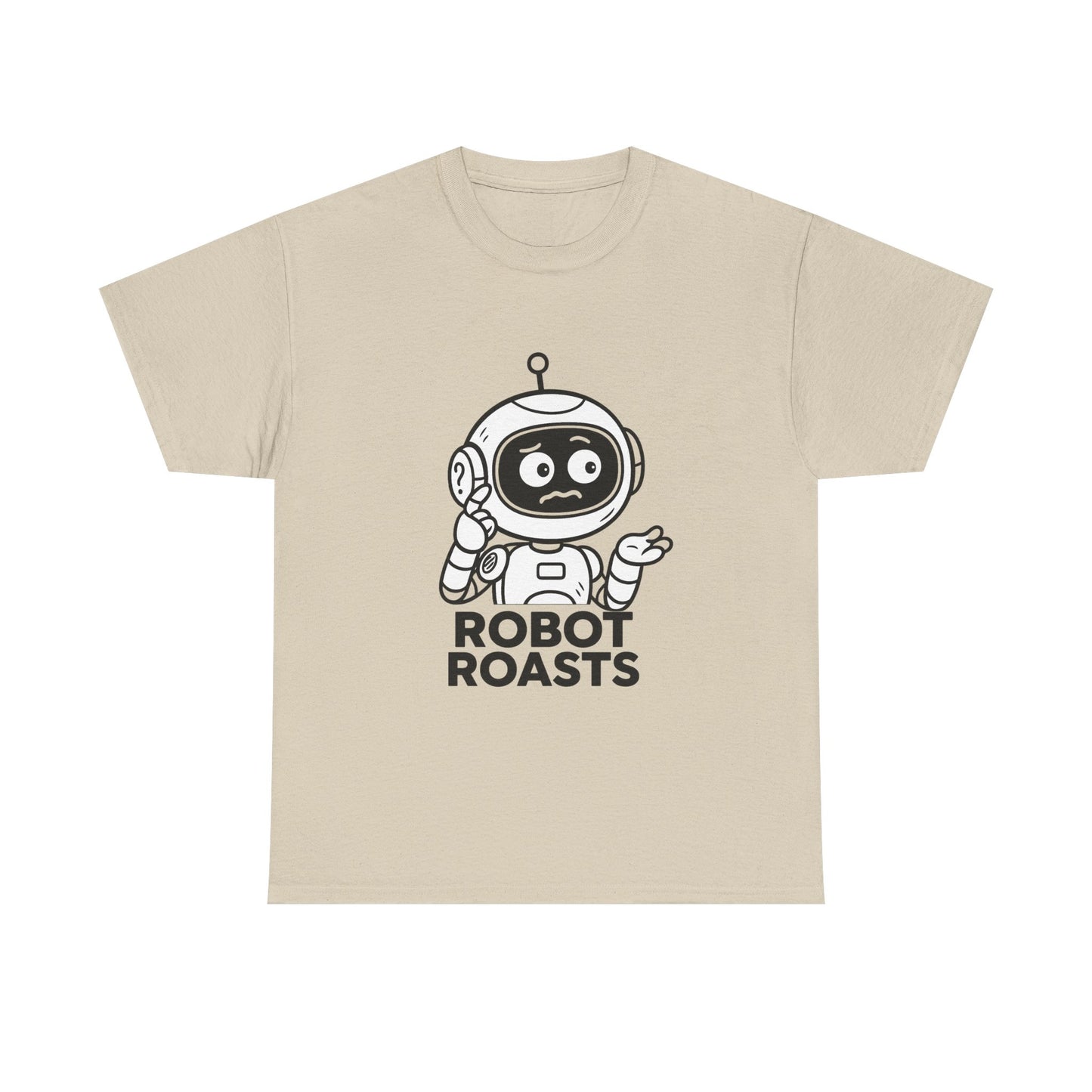 Beige t-shirt with a robot graphic and 'Robot Roasts' text on a white background
