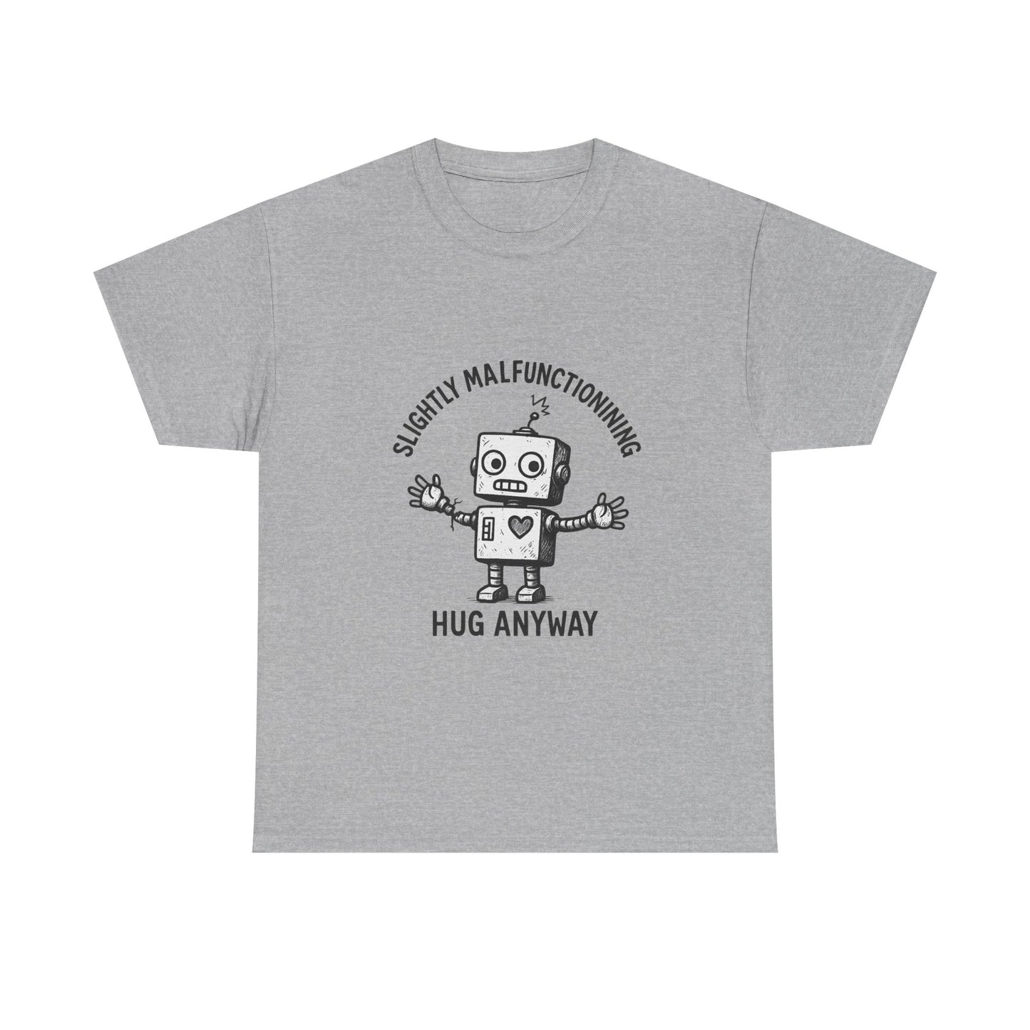 Gray t-shirt with a robot graphic and text on a white background