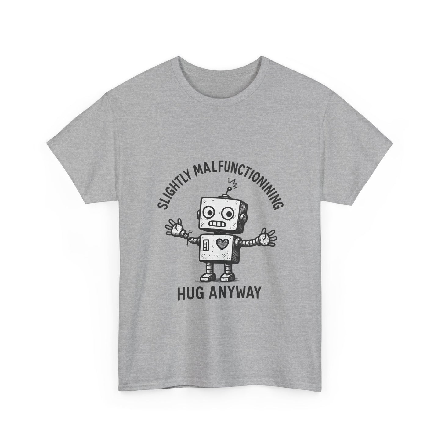 Gray t-shirt with a robot graphic and text on a white background