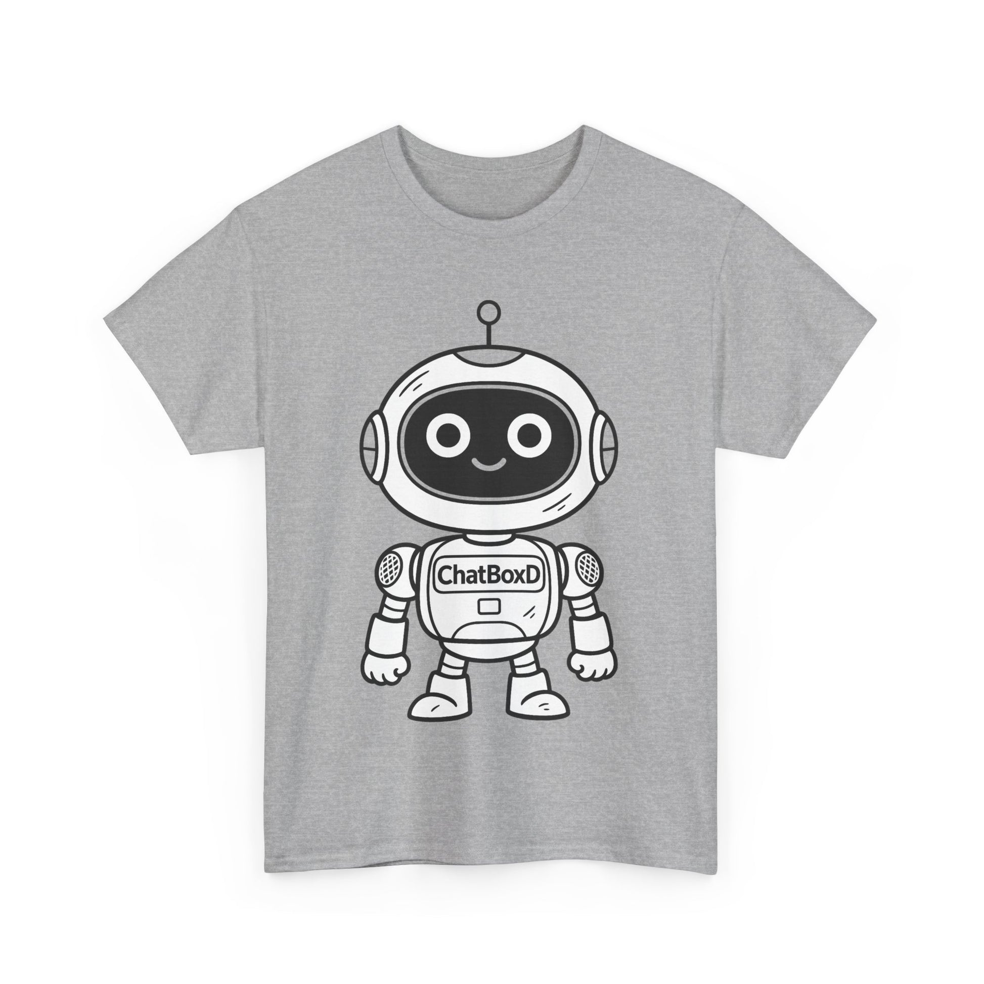 Gray t-shirt with a cartoon robot design on a white background