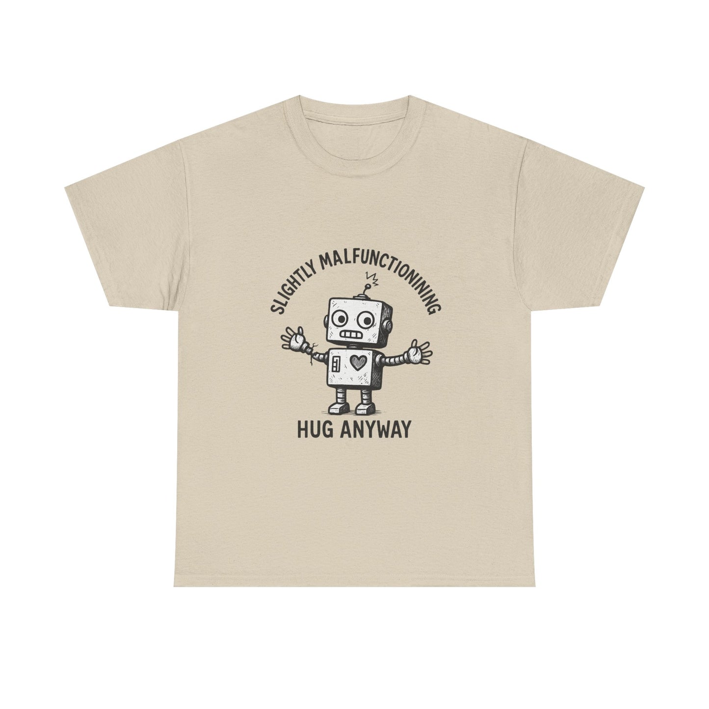 Beige t-shirt with a robot graphic and text on a white background