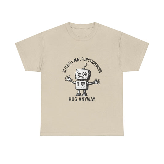 Beige t-shirt with a robot graphic and text on a white background