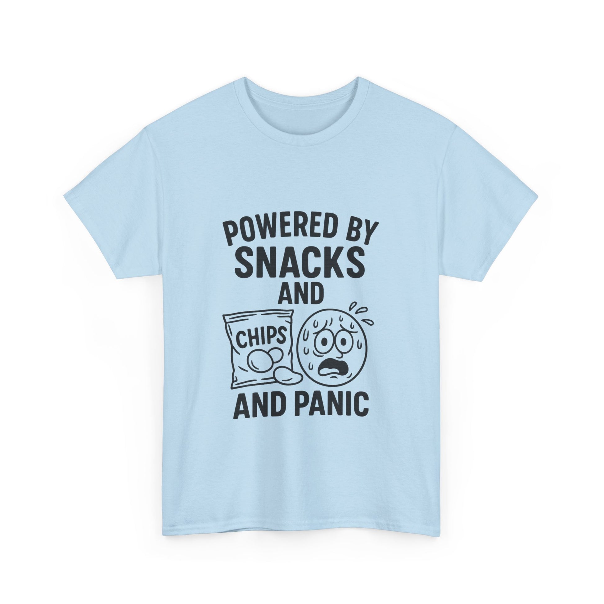 Light blue t-shirt with black text and graphics on a white background
