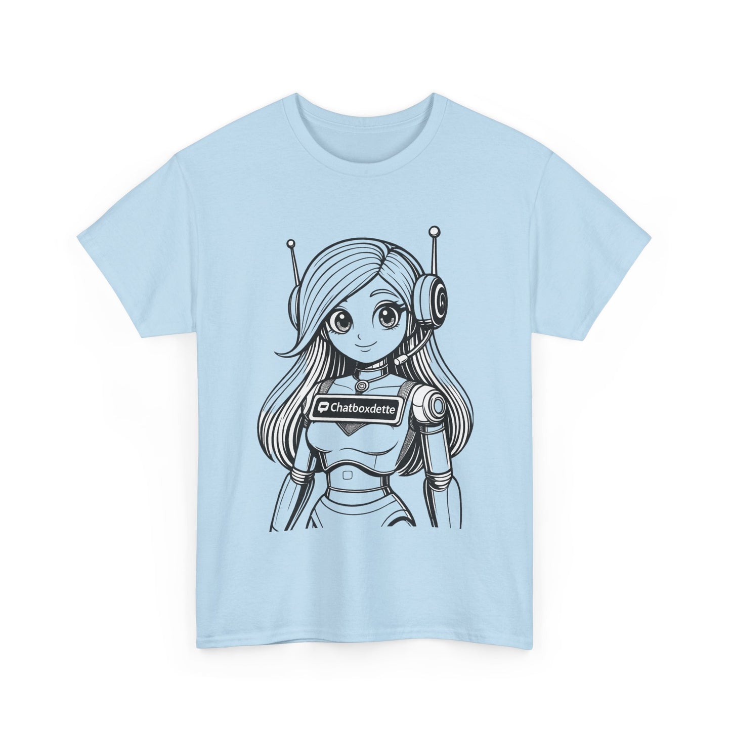 Light blue t-shirt with a robot girl graphic and 'Chatbotlette' text on a white background