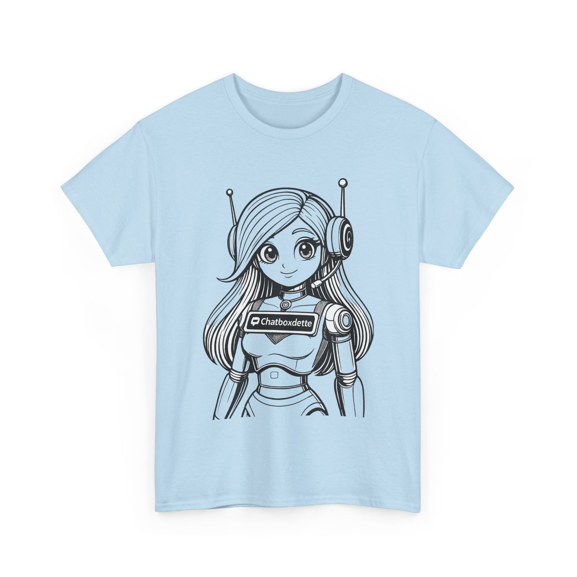 Light blue t-shirt with a robot girl graphic and 'Chatbotlette' text on a white background