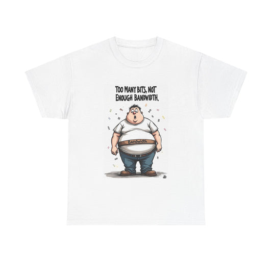 Funny AI-themed  t-shirt with cartoon character and text on white background