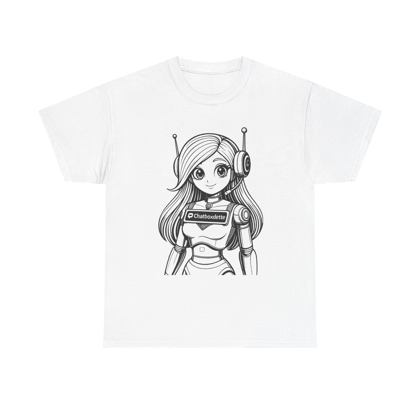 White t-shirt with a black and white illustration of a character wearing headphones and a robot suit on a white background.