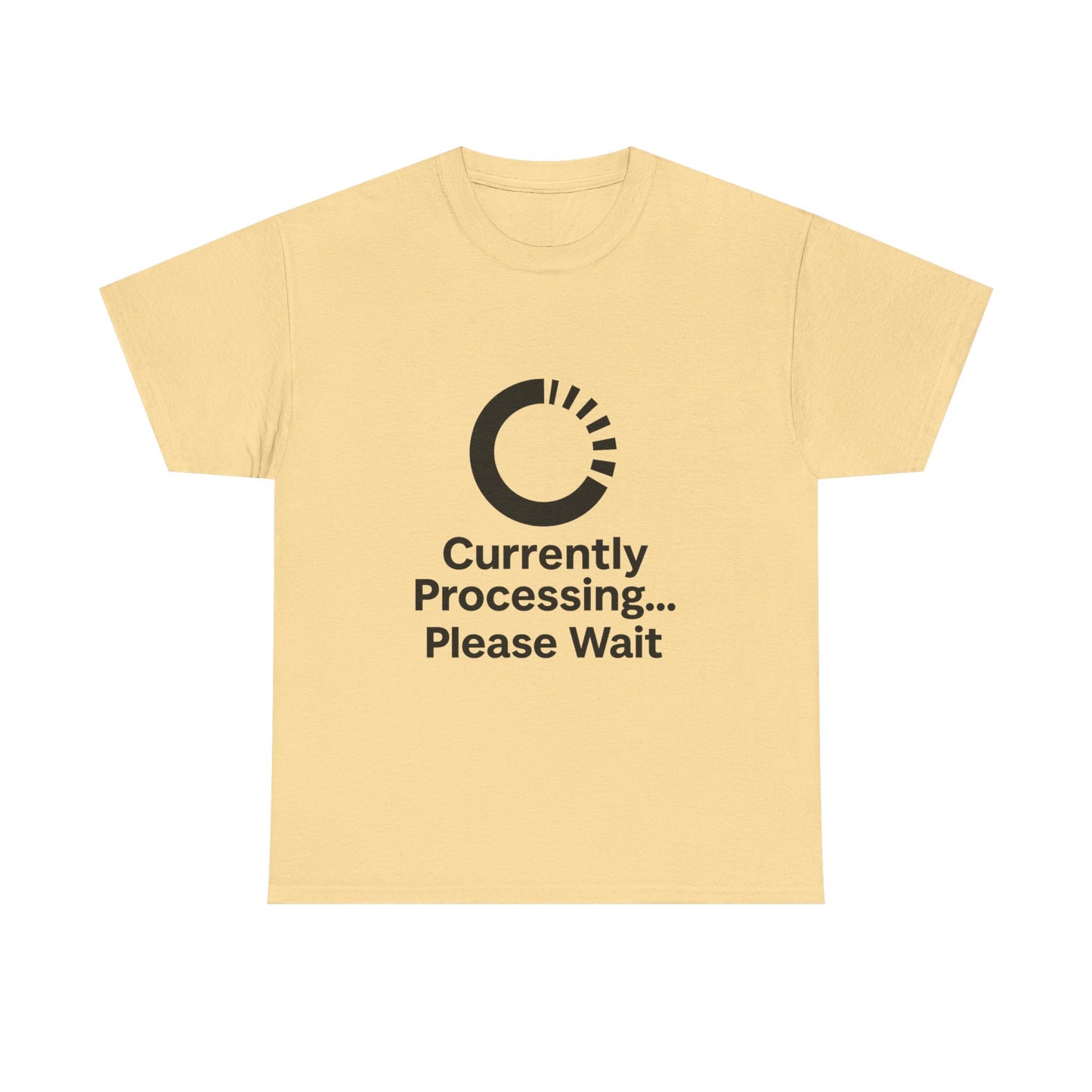 Beige t-shirt with black text and logo on a white background